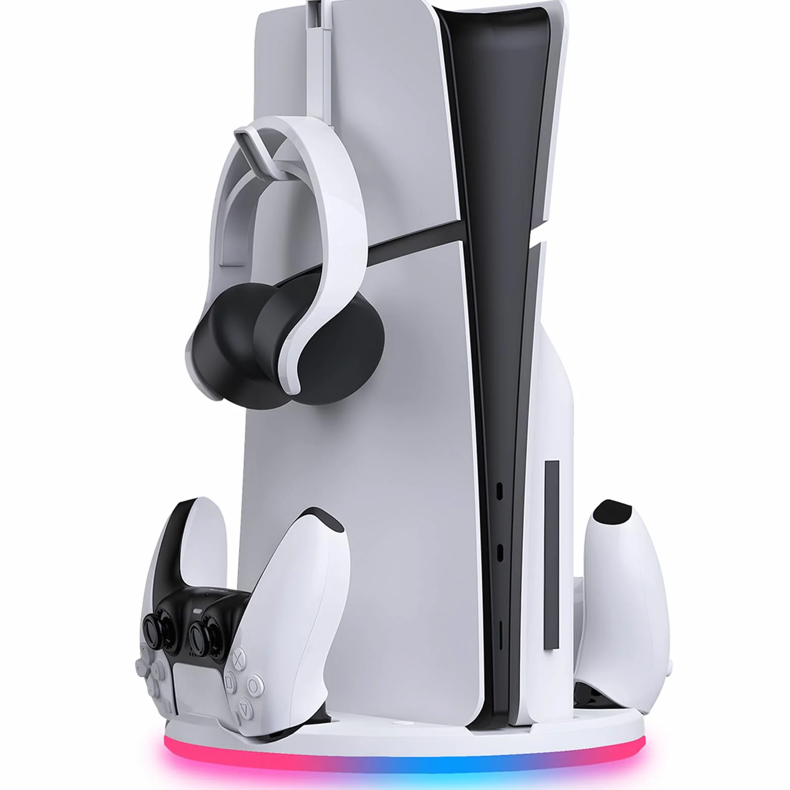 Supporto con caricatore Dual Controller per PS5 Slim - PlayStation 5 - Base di ricarica per Dual Controller e Supporto per Cuffie - Illuminazione RGB - Ricarica rapida - per Dual Sense e