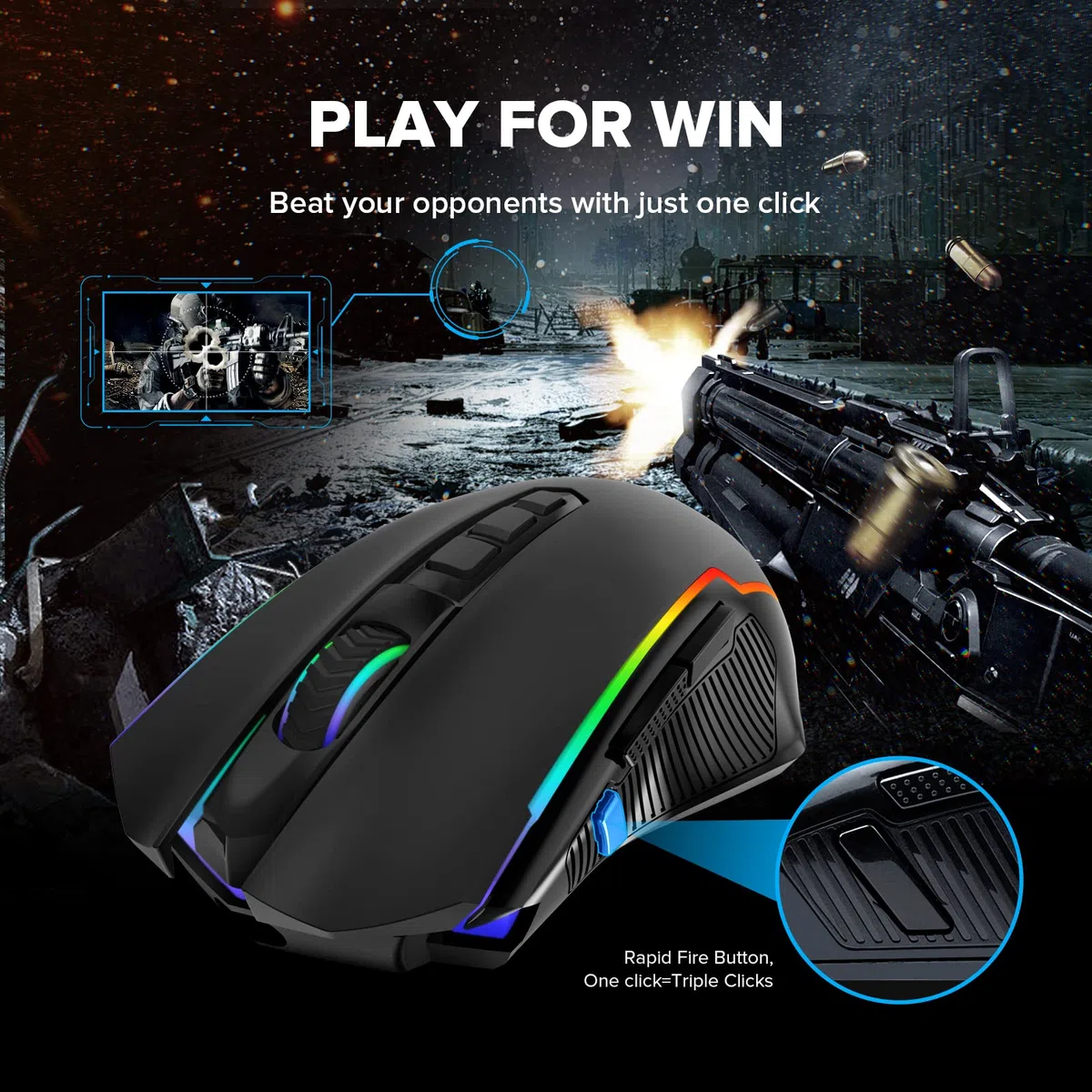 Redragon Gaming mouse wireless, Rechargeable PC Gaming Mice with 8000 DPI, RGB Backlit Programmable Ergonomic Wireless Gaming Mouse with Fire Button, 70Hrs for Windows, Mac Gamer,Black