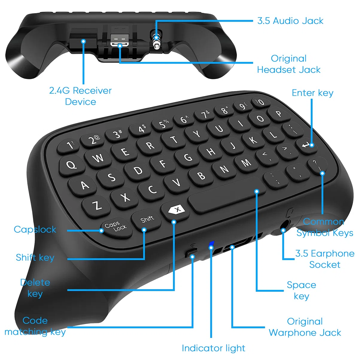 FYOUNG Tastiera wireless compatibile con controller Xbox Series X/S, chatpad da 2,4 GHz con connettore audio/auricolare, compatibile con Xbox One X/S – Nero