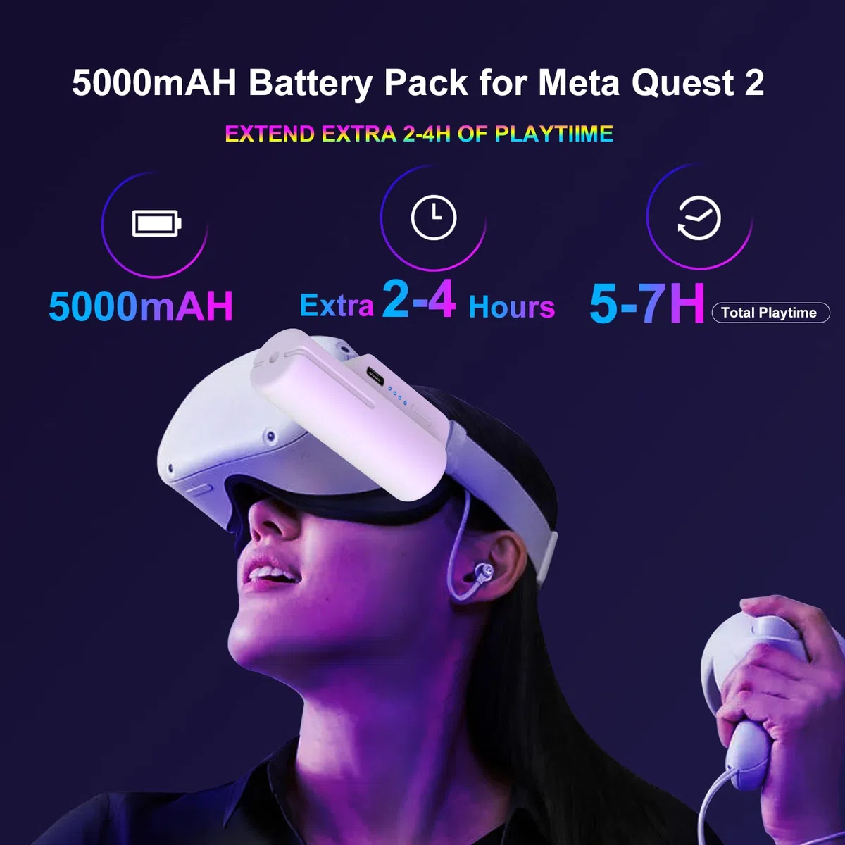 Batteria per Meta Quest 2 5000mAh Power Bank per Oculus Quest 2 Leggero VR Caricabatterie Accessori con 2-4 ore di riproduzione estesa