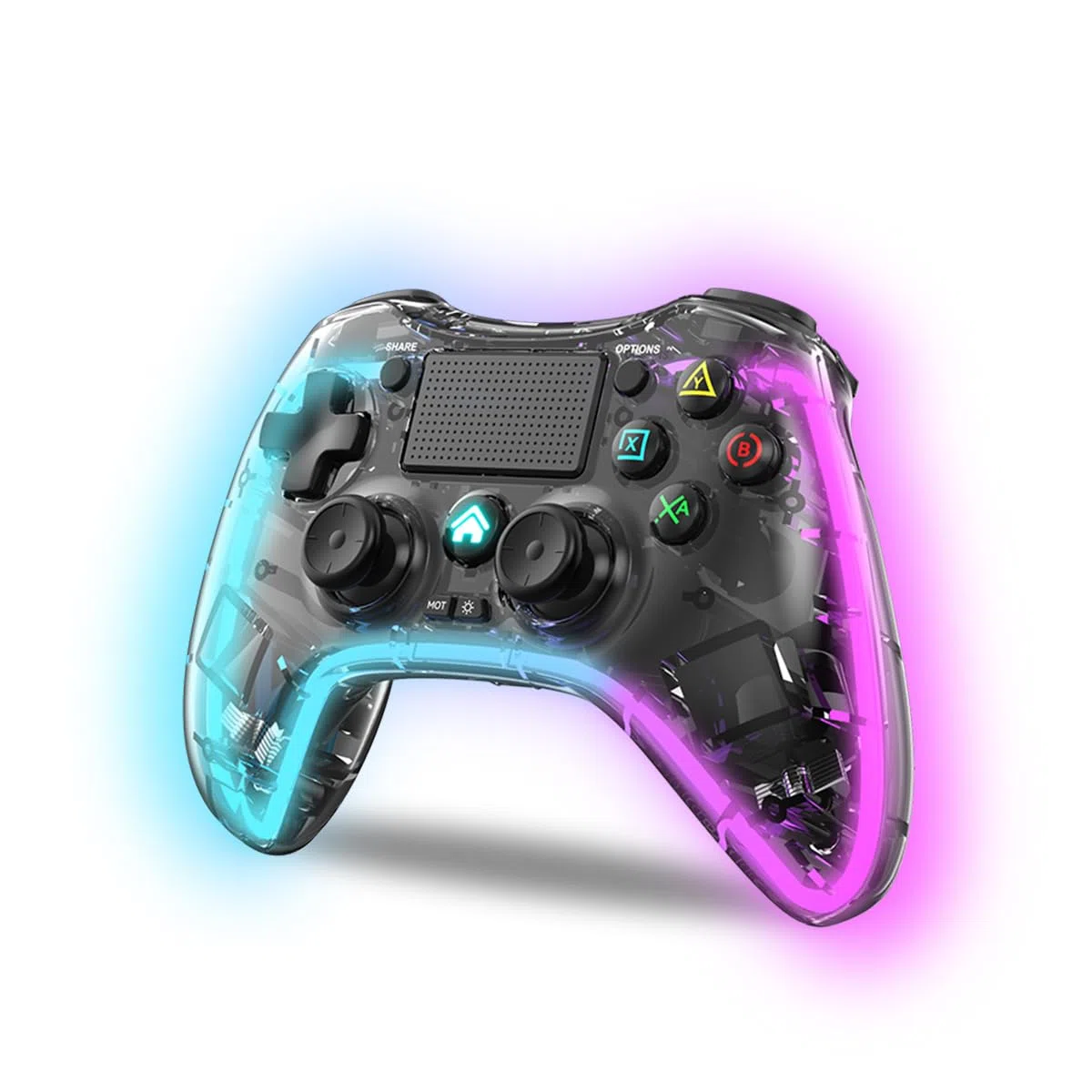 NK Controller per PS4 / PC/Android - Controller Wireless con 2-Shock, 6 assi, 2 pulsanti MACRO, 7 Modalità di Luce LED, Touchpad, Ingresso per Cuffie, Cavo di Ricarica incluso - Nero Trasparente