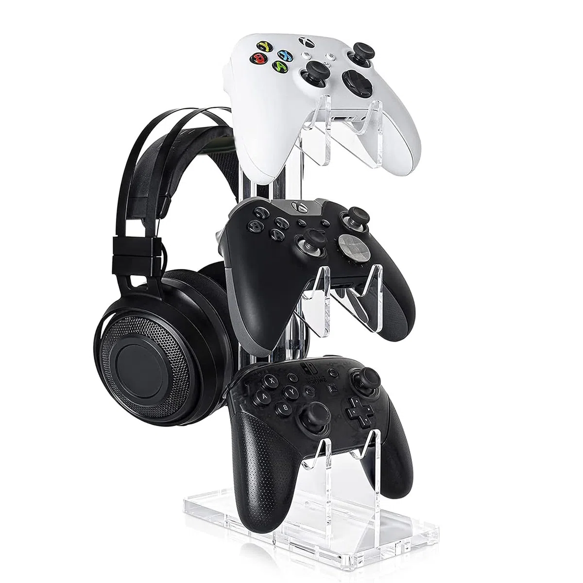 Supporto universale doppio per Xbox Series X PS4 PS5 Switch Joy Con, Supporto Trasparente in Acrilico per Cuffie e Controller, Organizzatore per Controller per 3 Gamepad (3 Tier Clear B)
