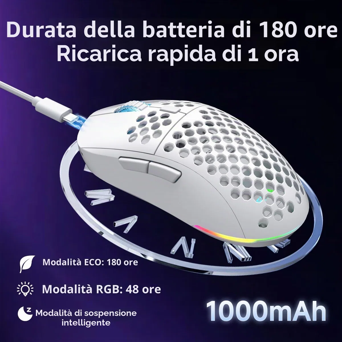Dierya x TMKB M1 Mouse Wireless Gaming, Sensore Ottico 24,000 DPI, 90 g Leggero, 6 Pulsanti Programmabili, Illuminazione RGB, 2.4GHz/Bluetooth/USB-C mouse con filo/senza fili, Bianco