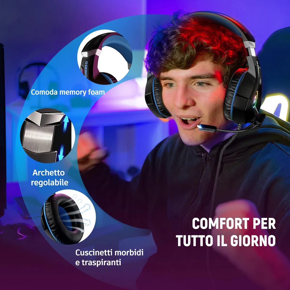 Ozeino Cuffie Gaming per Ps4 Ps5 PC Xboxone, Cuffie con Microfono Cancellazione del Rumore, 3D Surround Sound, Cuffie Comfort con LED RGB