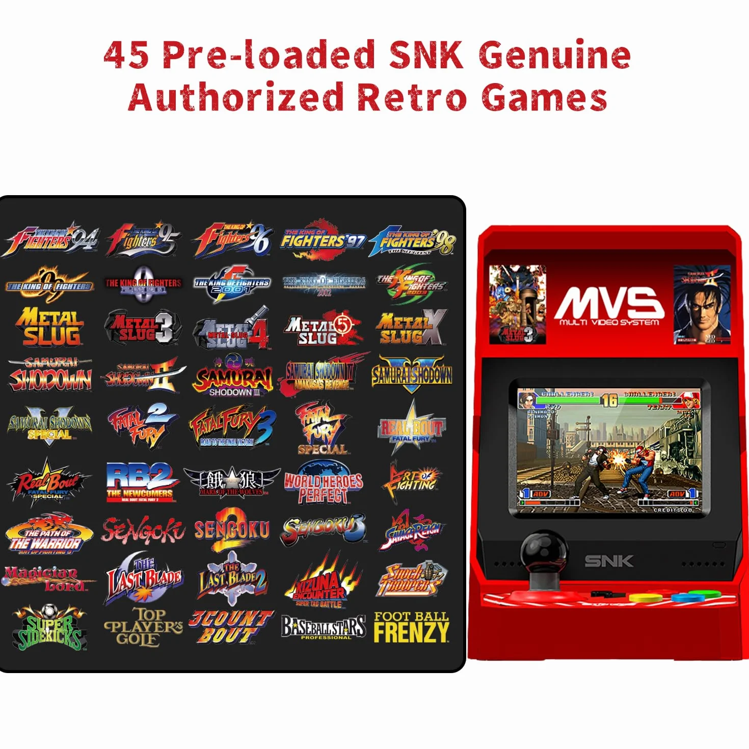 UNICO MVS Mini Arcade e set di Controller Rossi [Cavo HDMI Incluso], Precaricati con 45 Giochi SNK con Licenza Ufficiale, Including The King of Fighters etc., Regali per Adulti e Bambini