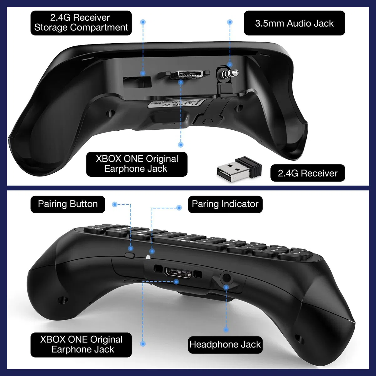 MoKo Mini Tastiera Retroilluminata Verde Compatibile con Xbox One Controller/Series X/S, 2,4G Ricevitore Wireless con Cuffia e Audio Jack Compatibile con Xbox-One/One S/Elite/2, Nero Antracite