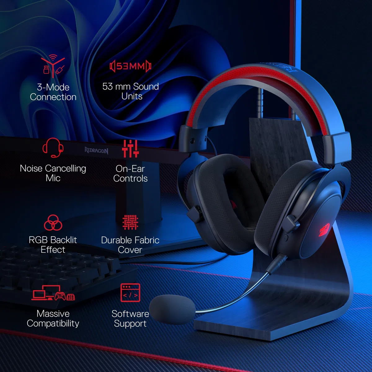 Redragon H510 Zeus-X RGB Cuffie da gioco senza fili - Suono surround 7.1 - Driver audio da 53MM con cuscinetti auricolari in memory foam con rivestimento in tessuto resistente - Alimentazione USB