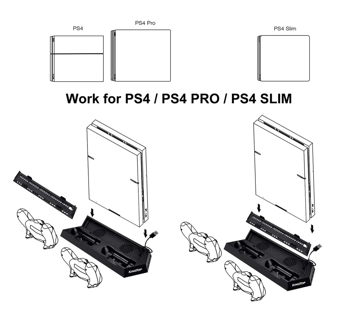 KingTop Supporto Verticale con Ventola di Raffreddamento, Stazione di Ricarica USB All-in-One per Doppia Controller PS4 con Indicatore LED