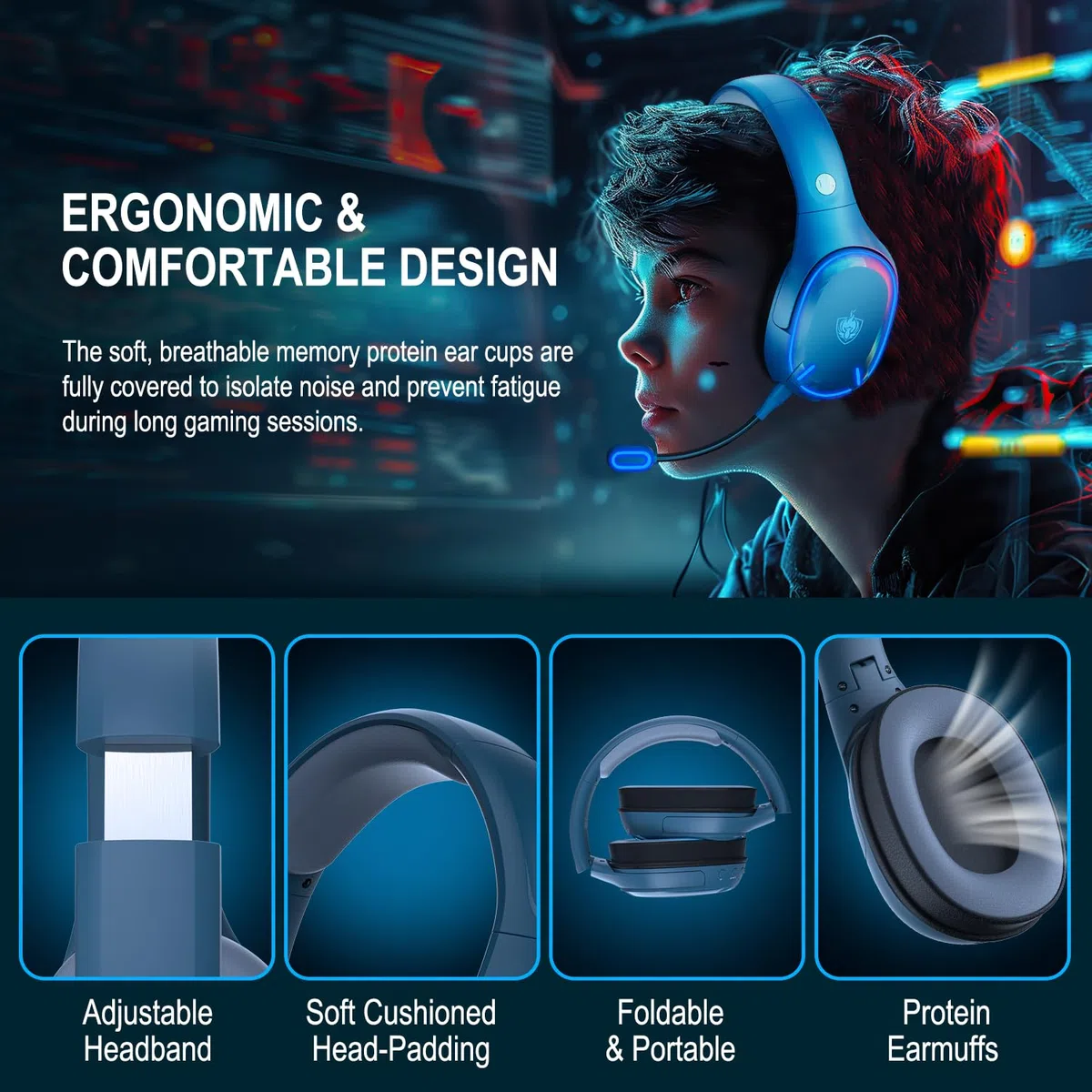 PHOINIKAS Cuffie Gaming Wireless, 2,4GHz Wireless Cuffie per PC/Ps5/Ps4, Microfono a Cancellazione, Cuffie con Microfono, Batteria 30 H, Luce LED, 5.3 Bluetooth per Telefono/Portatile (Blu)