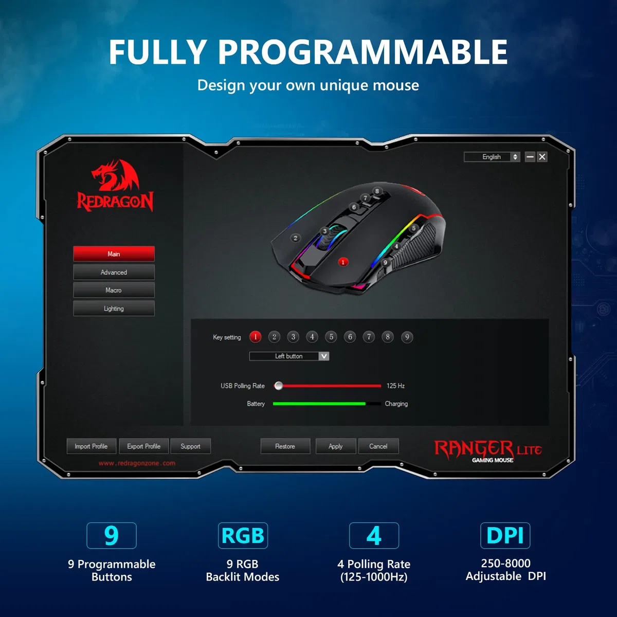 Redragon Gaming mouse wireless, Rechargeable PC Gaming Mice with 8000 DPI, RGB Backlit Programmable Ergonomic Wireless Gaming Mouse with Fire Button, 70Hrs for Windows, Mac Gamer,Black