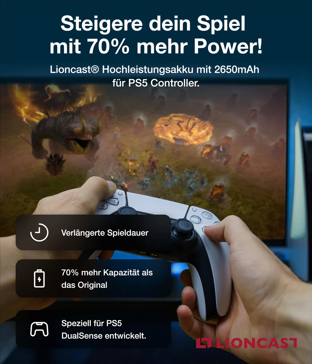 LIONCAST Batteria per controller PS5, 2650 mAh, 70% in più di potenza, facile sostituzione della batteria Playstation 5 DualSense in set completo con istruzioni (lingua italiana non garantita).