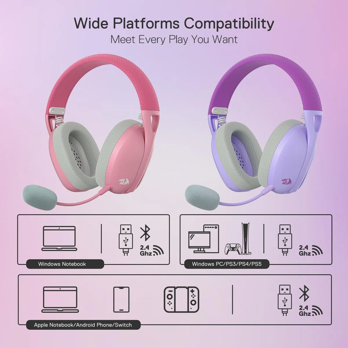 Redragon H848 Bluetooth Wireless Gaming Headset – Leggero – 7.1 Surround Sound – 40 mm driver – Microfono rimovibile – Piattaforme multiple per PC, PS5/4/3, Switch, Telefono cellulare viola