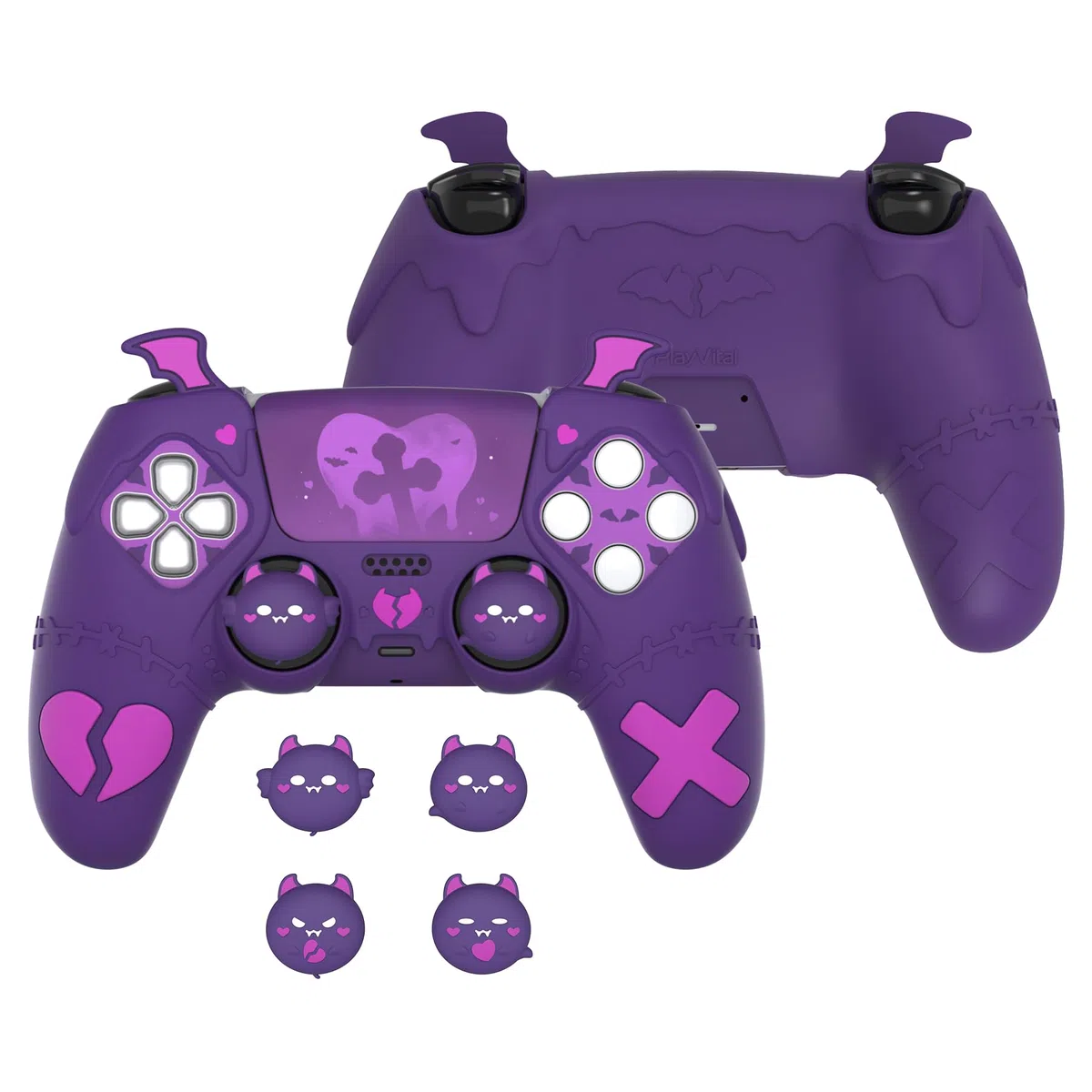 PlayVital Cover Joystick per ps5 Controller,Custodia Skin Silicone Antiscivolo&4 Copri Analogici&Adesivi-Compatibile con Stazione di Ricarica-Serie Imp Gotico,Viola