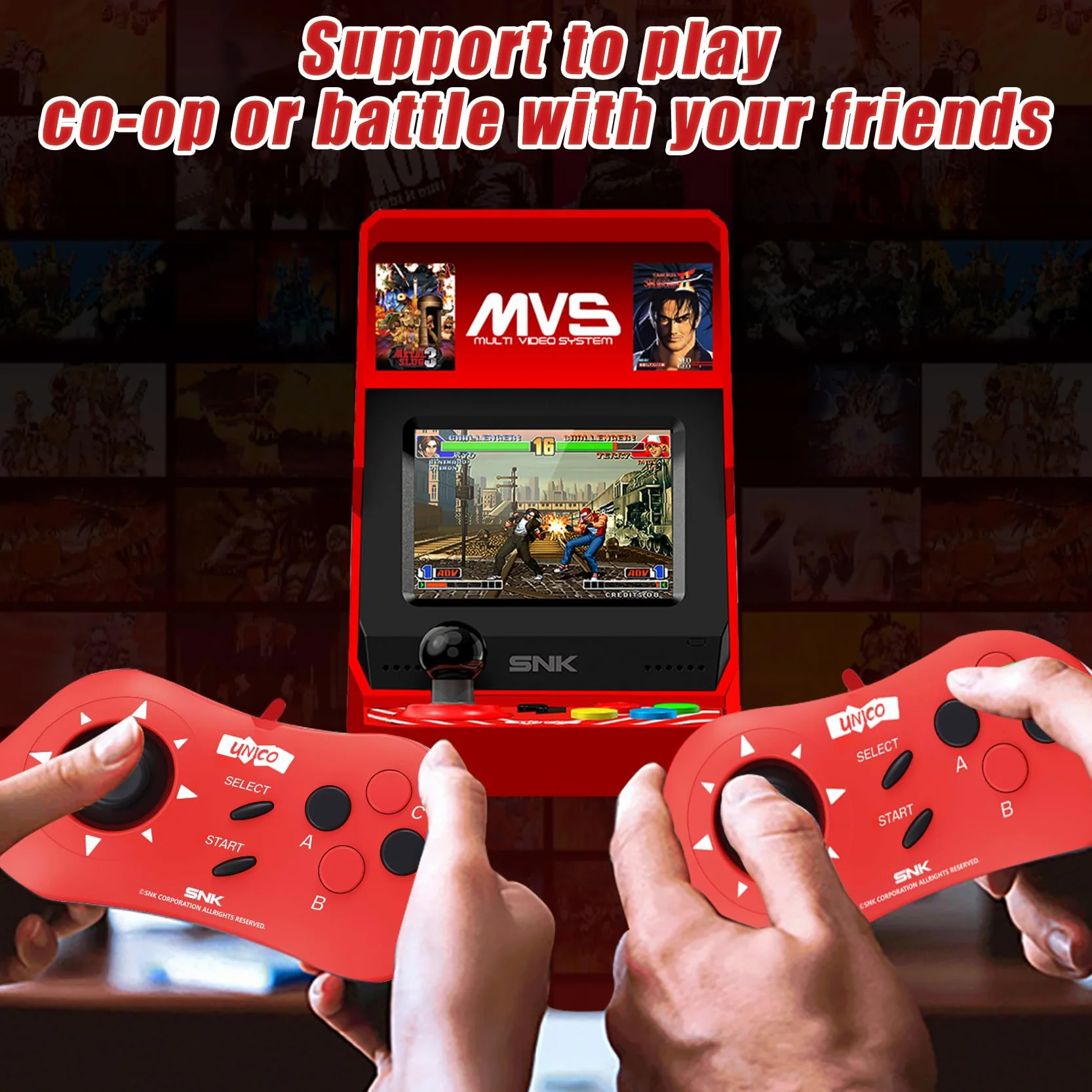 UNICO MVS Mini Arcade e set di Controller Rossi [Cavo HDMI Incluso], Precaricati con 45 Giochi SNK con Licenza Ufficiale, Including The King of Fighters etc., Regali per Adulti e Bambini