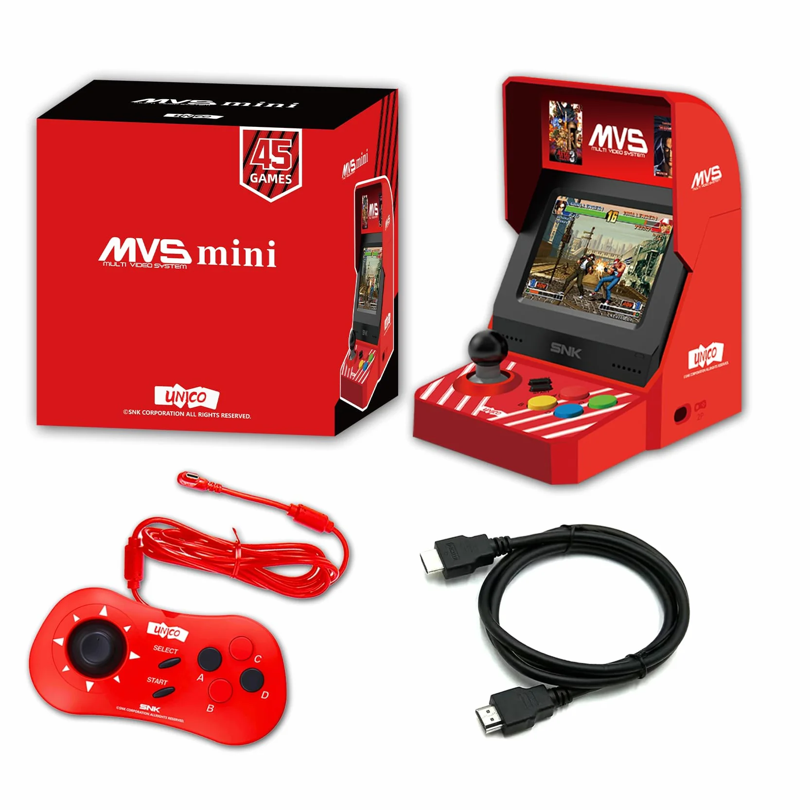 UNICO MVS Mini Arcade e set di Controller Rossi [Cavo HDMI Incluso], Precaricati con 45 Giochi SNK con Licenza Ufficiale, Including The King of Fighters etc., Regali per Adulti e Bambini