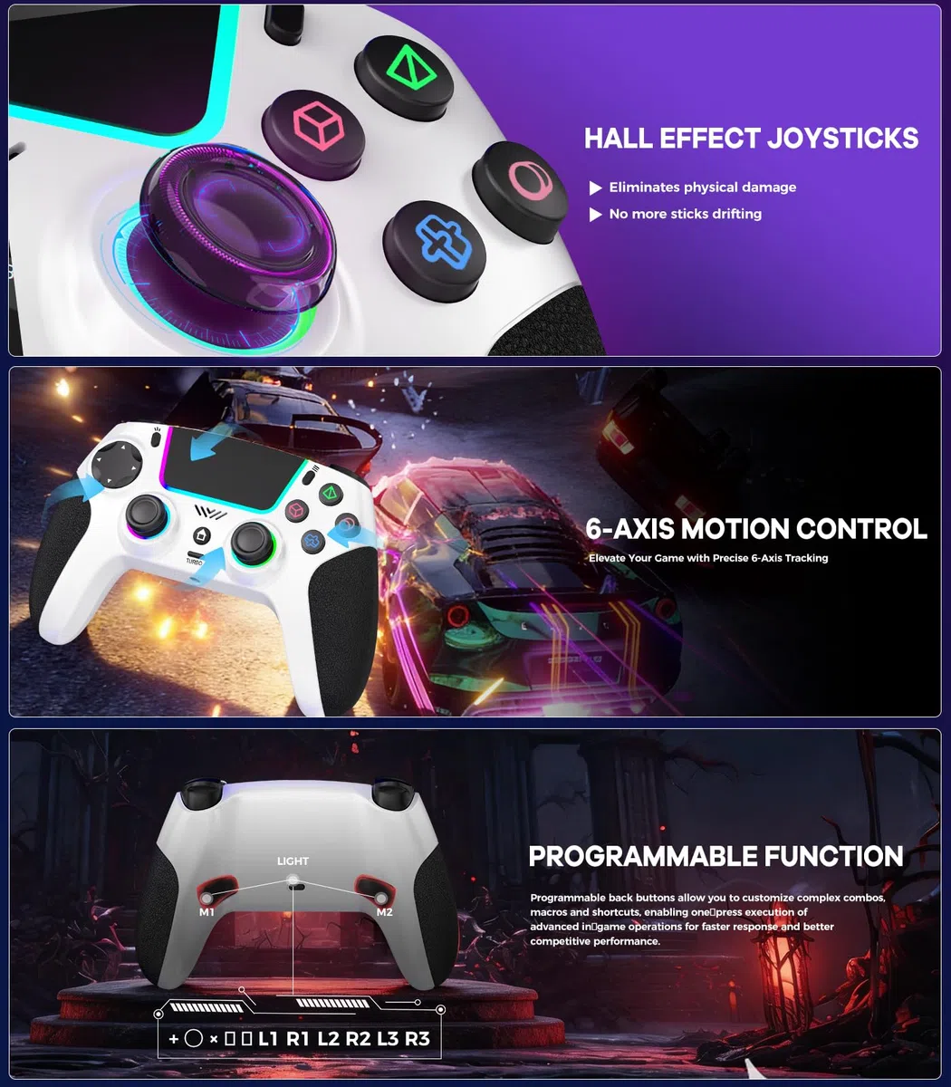 SZPACMATE Controller Wireless per PS4/PS3/Switch/PC/iOS/Android/Steam Deck, con 8 Colori RGB/Joystick Effect Hall/Batteria 1000 mAh/Turbo/Doppia Vibrazione/Programmabile/Impugnatura Antiscivolo