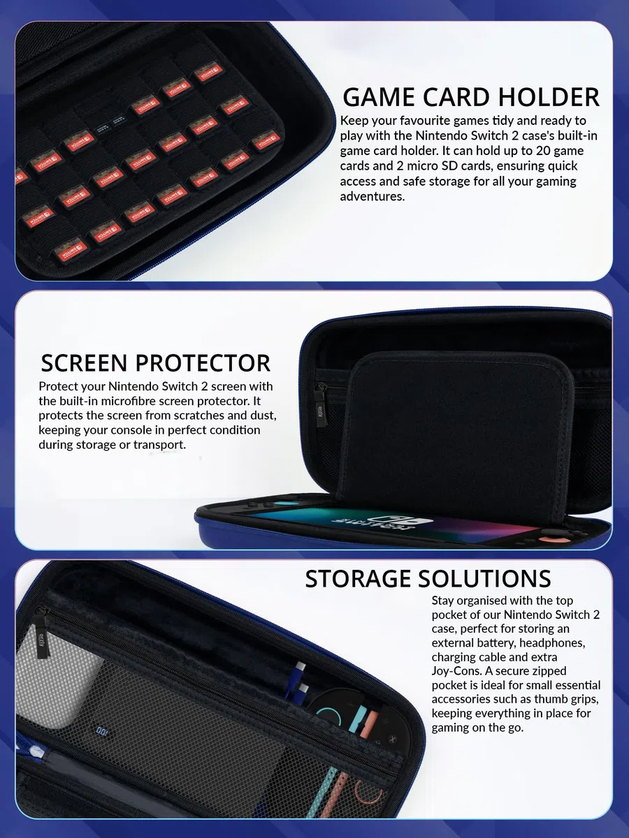 Orzly Custodia per Nintendo Switch 2, custodia protettiva da viaggio con pad per lo schermo, schede di gioco e slot MicroSD con tasche per gli accessori della console