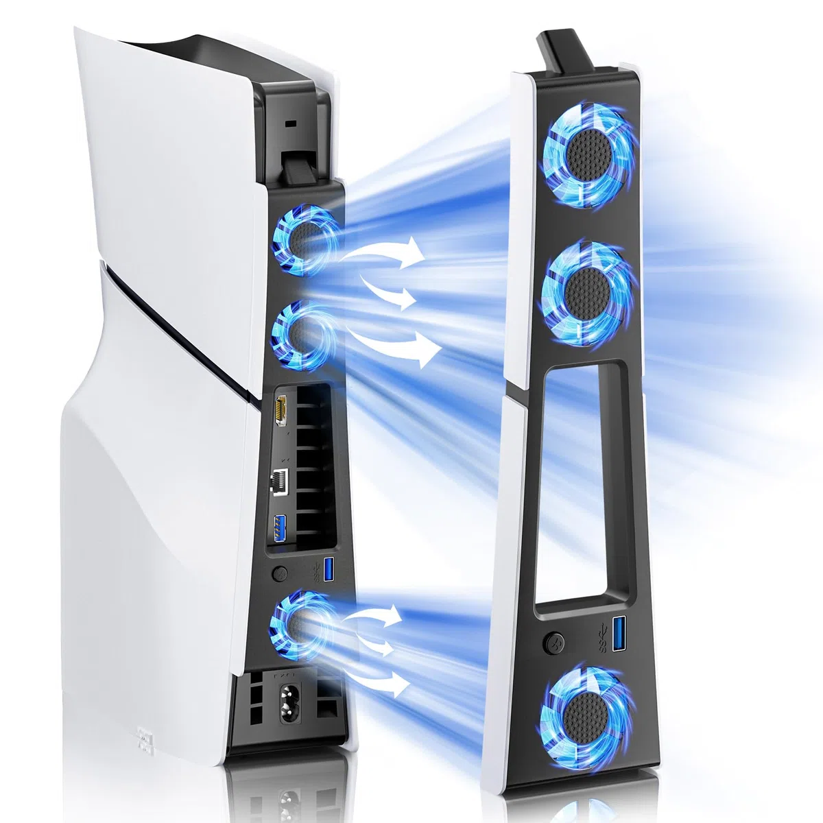 BRHE Ventola di raffreddamento sottile per PS5, sistema di raffreddamento silenzioso per PS5 Slim Digital/Discs Edition con 3 ventole/porta USB 3.0, accessori di raffreddamento sottili con luce LED