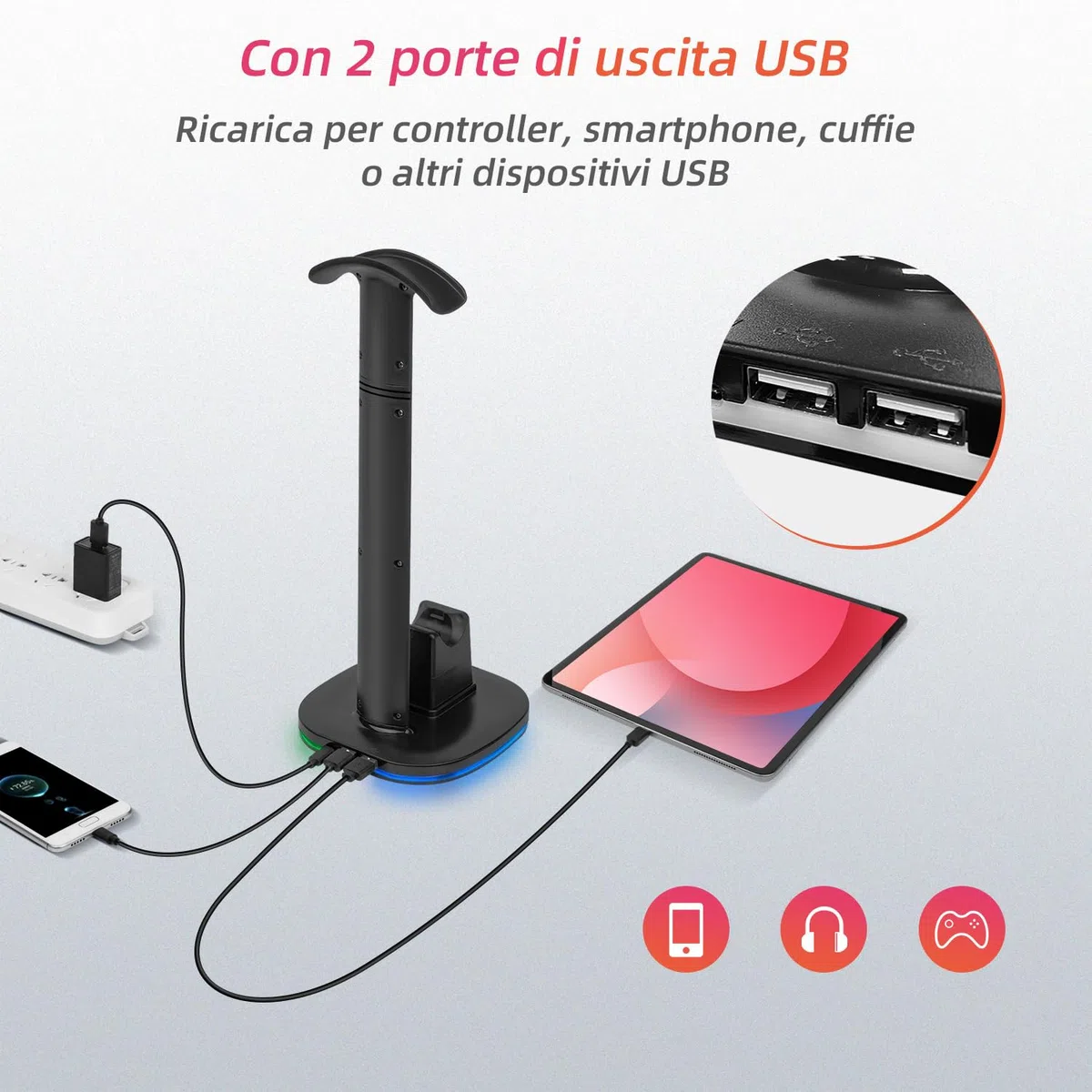 Base Stazione di Ricarica per Controller PS5 con Cuffie RGB e Supporto per Controller, Porta Cuffie con 2 porte USB per Caricatore per Joystick Playstation 5 DualSense Edge Accessori Gaming
