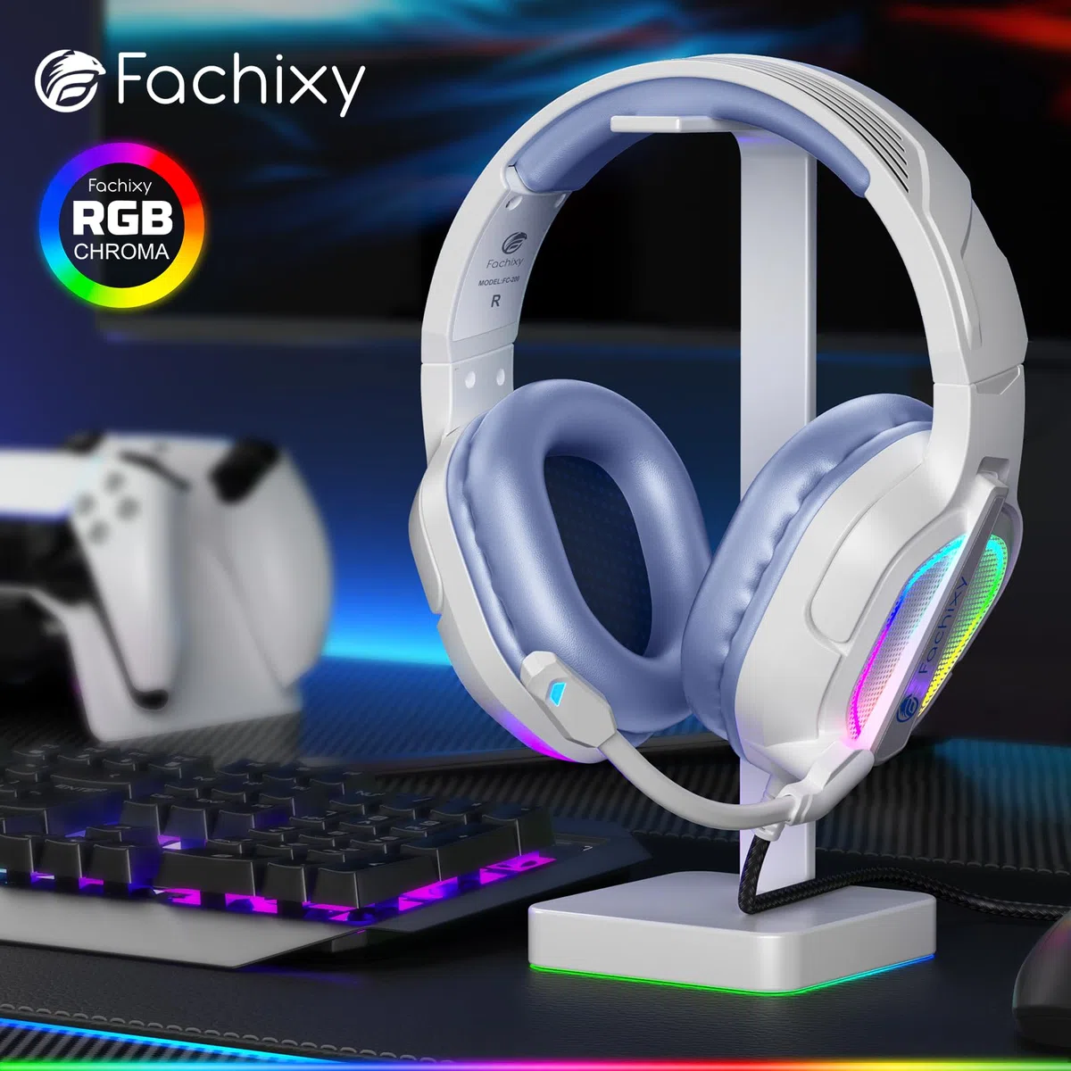 Fachixy FC200 Cuffie Gaming per PS5, PS4, PC, Xbox, Nintendo Switch, con Luce RGB, Microfono, Audio Stereo, con Cancellazione Del Rumore con filo - BIANCO VIOLA