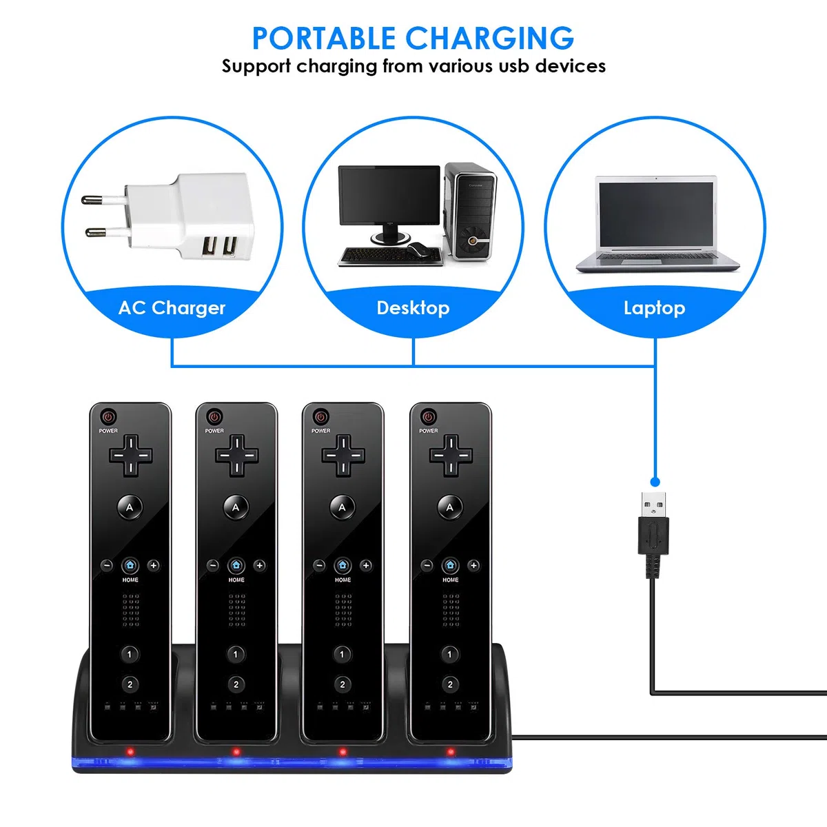 SANON Stazione di Ricarica per Controller Wii, 4 Dock di Ricarica Dock Station per Caricatore Remoto Wii con 4 Batterie Ricaricabili da 2800mAh & indicatori LED, Nero