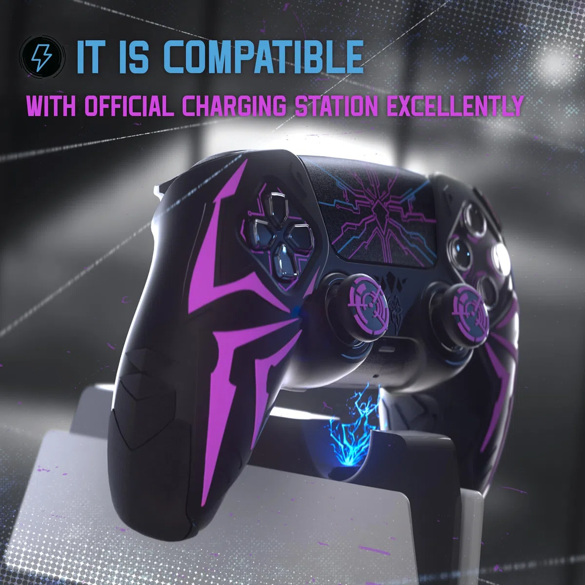 PlayVital Cover Controller per ps5 Joystick Custodia Silicone Skin Antiscivolo Grip Ergonomico, 2 Copri Analogici e 6 Adesivi, Adatto per ps5 Base di Ricarica, Cyber Spider - Nero&Viola