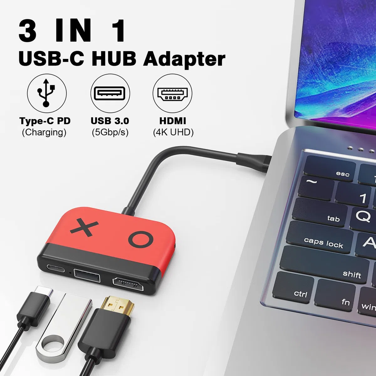 Tendak Adattatore USB C a HDMI per Switch/OLED - Tipo C a 4K HDMI Converter, USB 3.0, PD Porta di Ricarica, 3in1 Hub per MacBook Pro, Samsung S22, Huawei Mate 30 (Rosso)