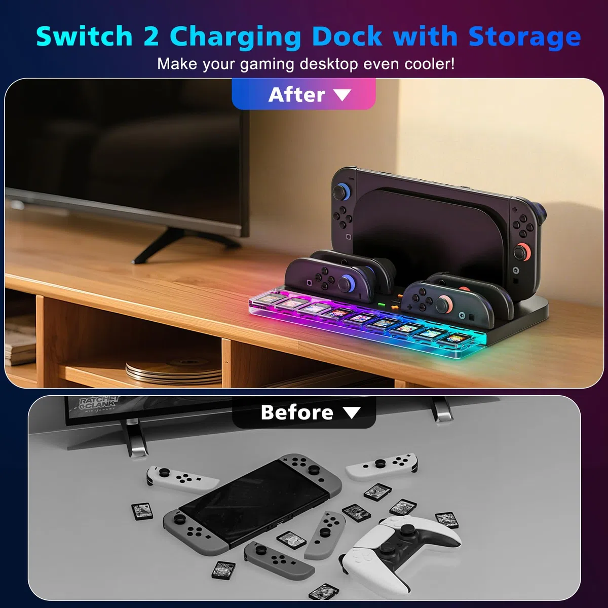 Stazione di Ricarica Joy Con Switch 2 (2025), Stazione di Ricarica per Controller Switch 2 con 7 Luci RGB, Ricarica 4 Impugnature Switch 2, Contiene 9 Schede di Gioco Switch e Accessori per Console Sw