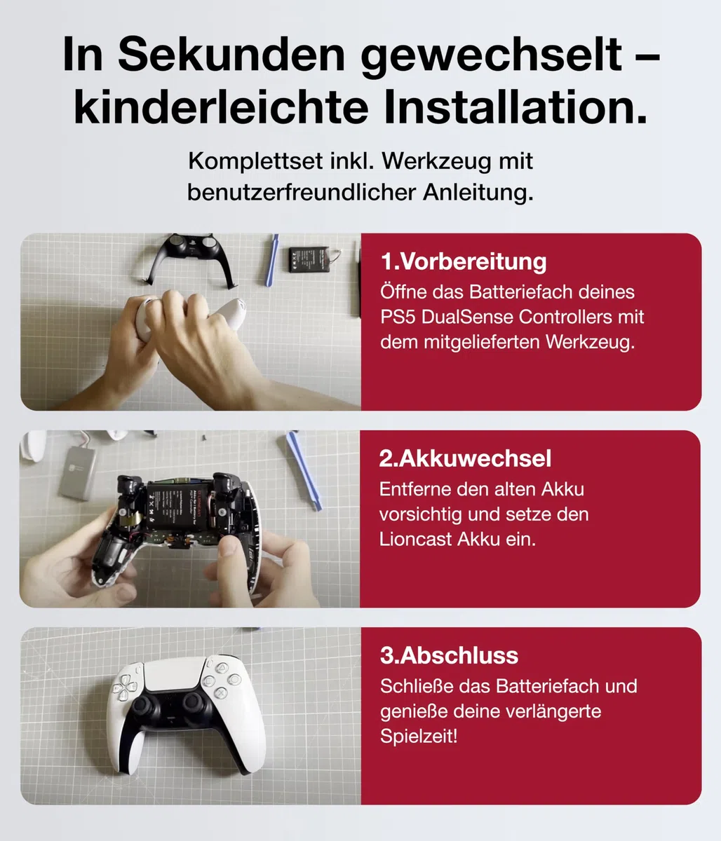 LIONCAST Batteria per controller PS5, 2650 mAh, 70% in più di potenza, facile sostituzione della batteria Playstation 5 DualSense in set completo con istruzioni (lingua italiana non garantita).
