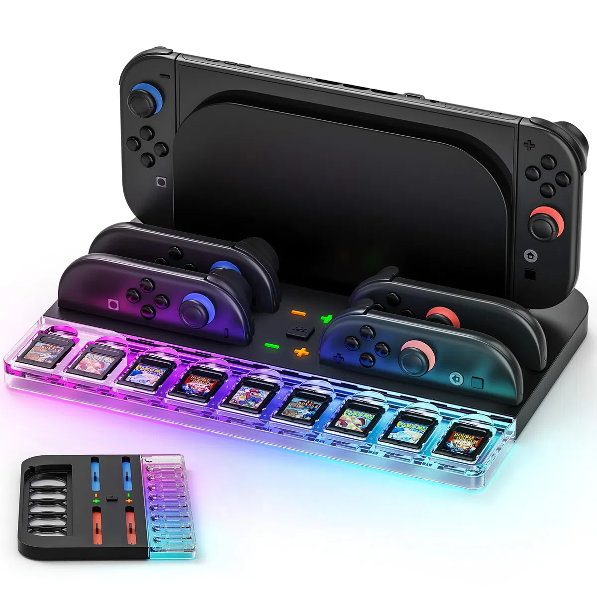 Stazione di Ricarica Joy Con Switch 2 (2025), Stazione di Ricarica per Controller Switch 2 con 7 Luci RGB, Ricarica 4 Impugnature Switch 2, Contiene 9 Schede di Gioco Switch e Accessori per Console Sw