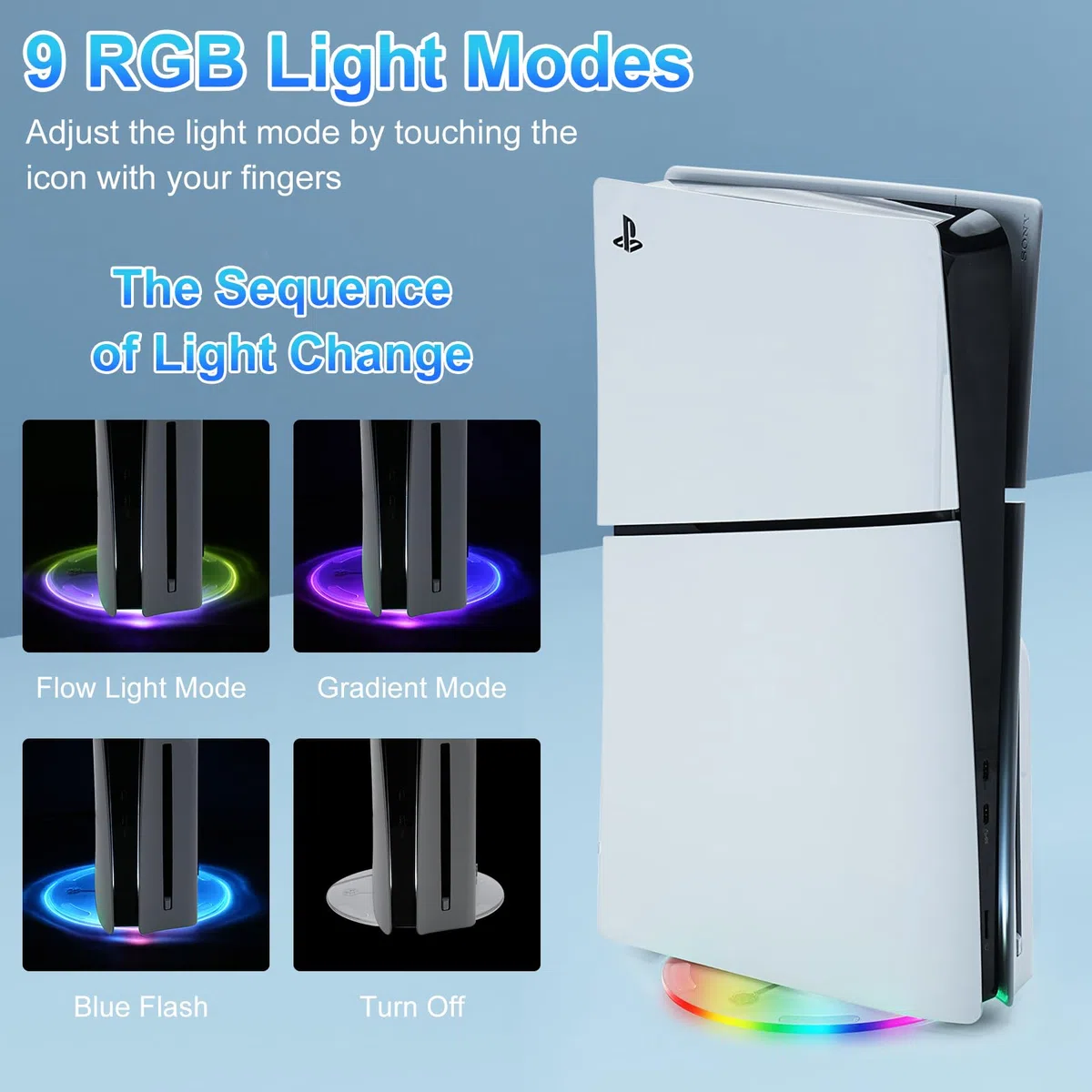 Supporto Verticale per PS5 Slim, PS5 Slim Supporto Verticale con 9 Led Luci RGB Trasparente Base di Ricambio per PS5 Slim con Cuscinetto Antiscivolo Accessori per PS5 Slim Disco/Digitale
