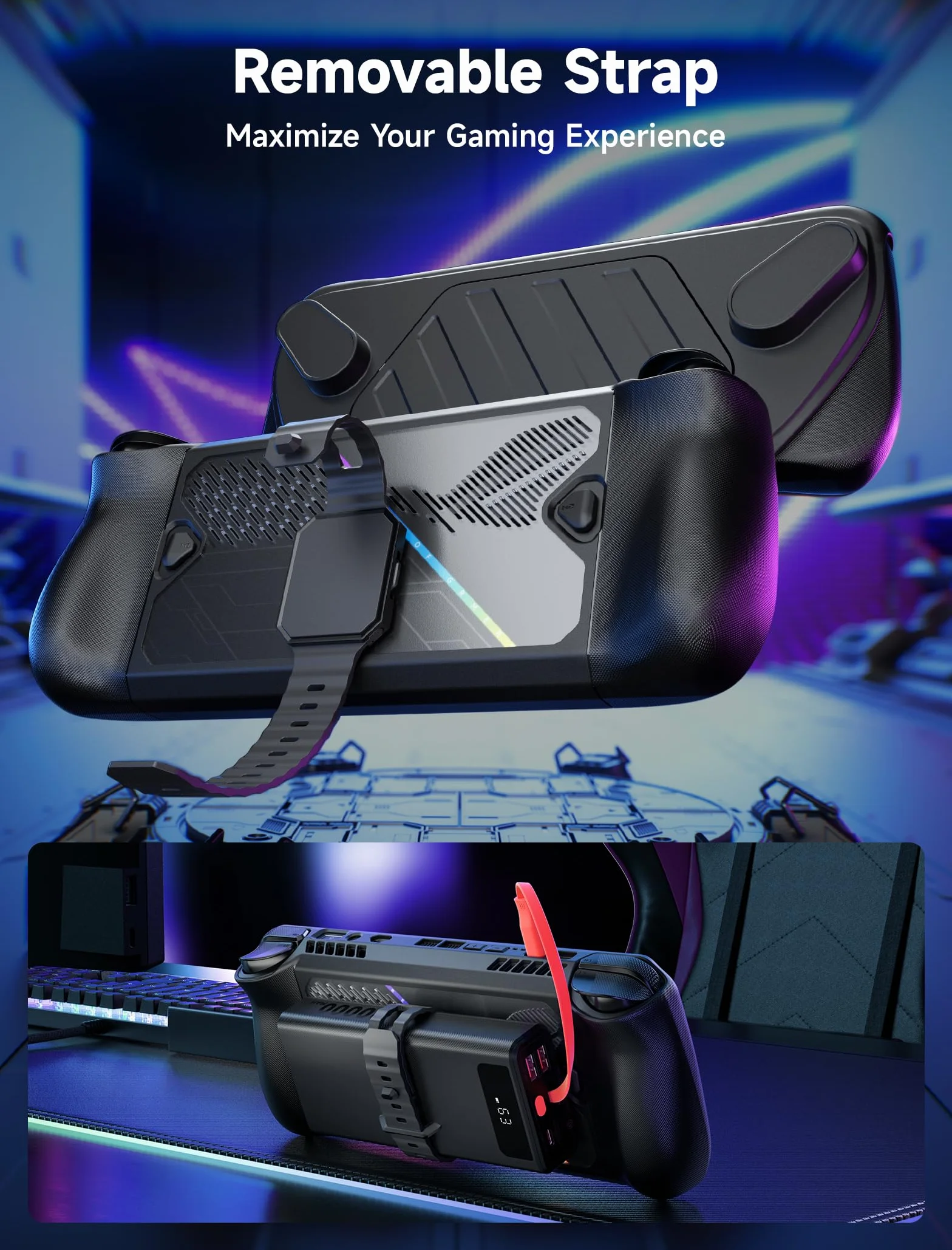 JSAUX PC0111 ModCase solo per ASUS ROG Ally X (2024), Custodia Protettiva con Cover Frontale Rimovibile, Supporto in Metallo Regolabile, 4 Slot Micro SD, Fascia per Accessori, Nero