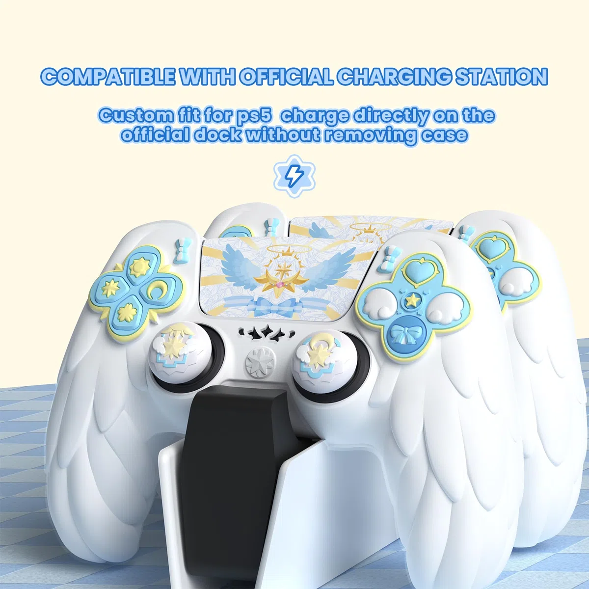 playvital Cover Controller per ps5 Joystick Custodia Silicone Skin Protettivo Grip Antiscivolo & Copri Analogici & Adesivi Carini, Adatto per ps5 Base di Ricarica, Ali Magiche-Bianco