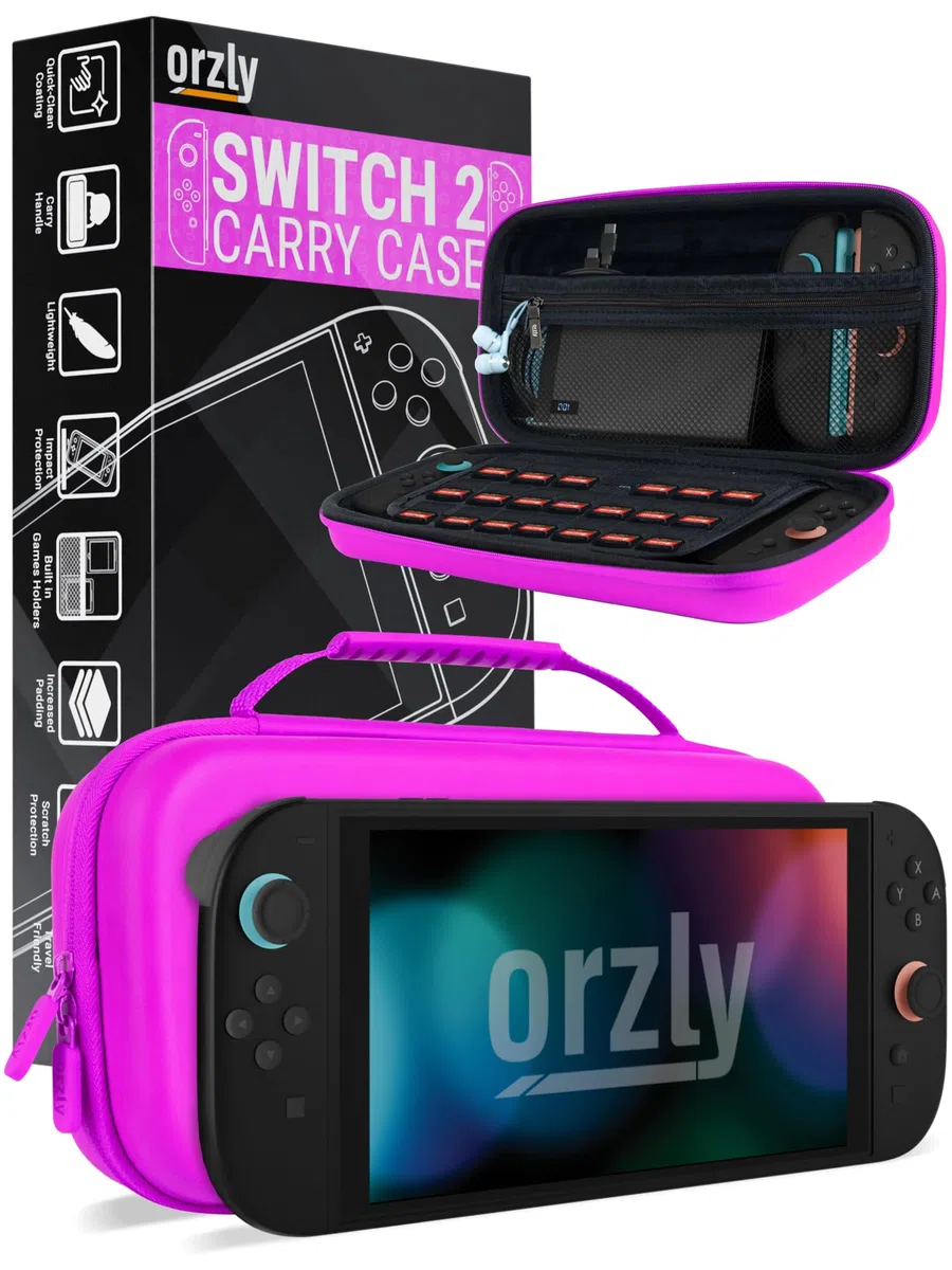 Orzly Custodia per Nintendo Switch 2, custodia protettiva da viaggio con pad per lo schermo, schede di gioco e slot MicroSD con tasche per gli accessori della console