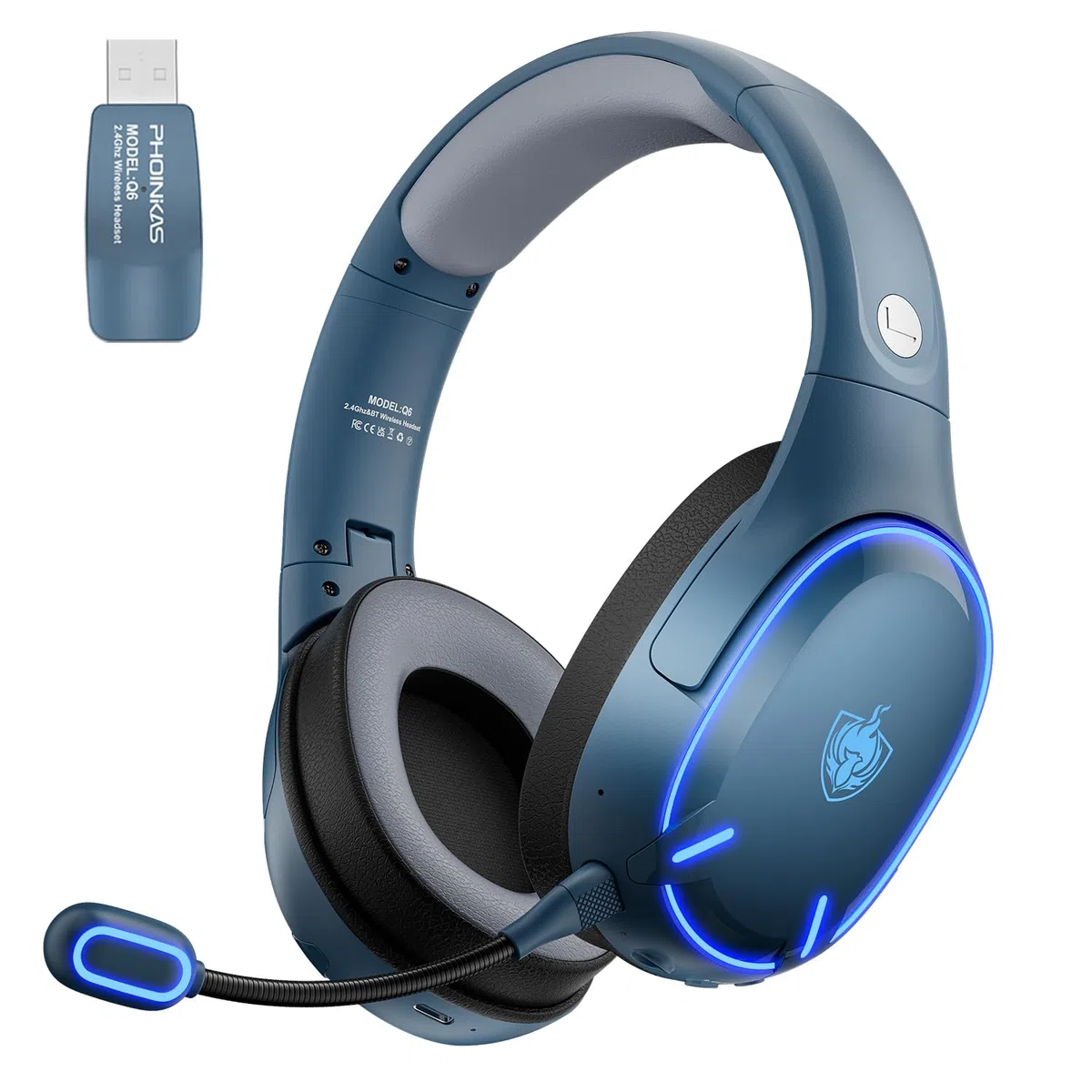 PHOINIKAS Cuffie Gaming Wireless, 2,4GHz Wireless Cuffie per PC/Ps5/Ps4, Microfono a Cancellazione, Cuffie con Microfono, Batteria 30 H, Luce LED, 5.3 Bluetooth per Telefono/Portatile (Blu)