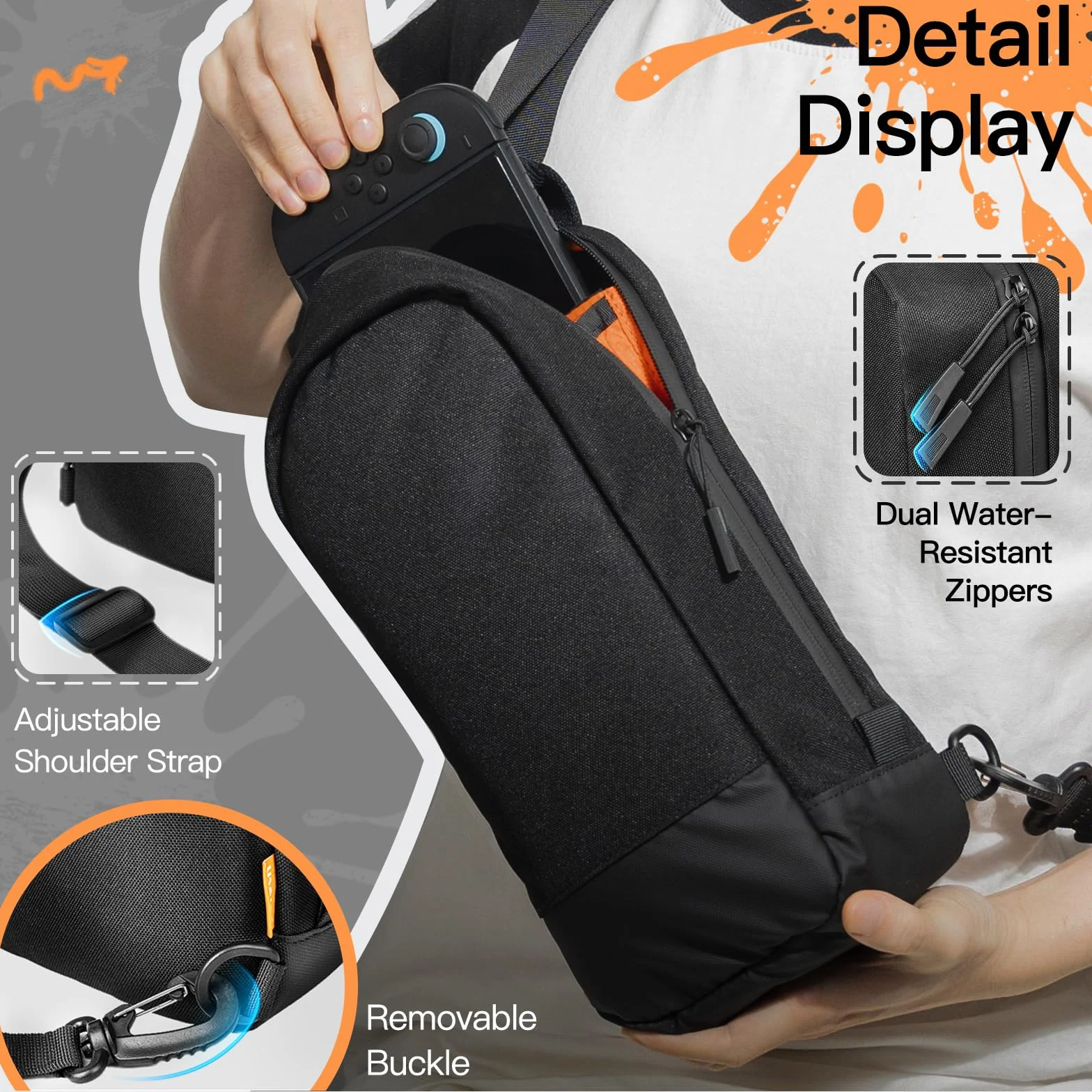 JETech Borsa a Tracolla per Nintendo Switch 2/Switch OLED/Switch Consolle, Borsa a Tracolla con 8 Scomparti per Schede di Gioco, Ampia Capacità per Accessori e Caricabatterie, Nero