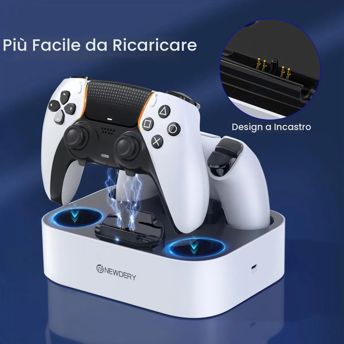 NEWDERY Stazione di ricarica per controller PS5 Dual-Sense Edge & PS5, docking a ricarica rapida, supporto per controller Play-Station 5 Edge & PS5 con indicatori luminosi a LED