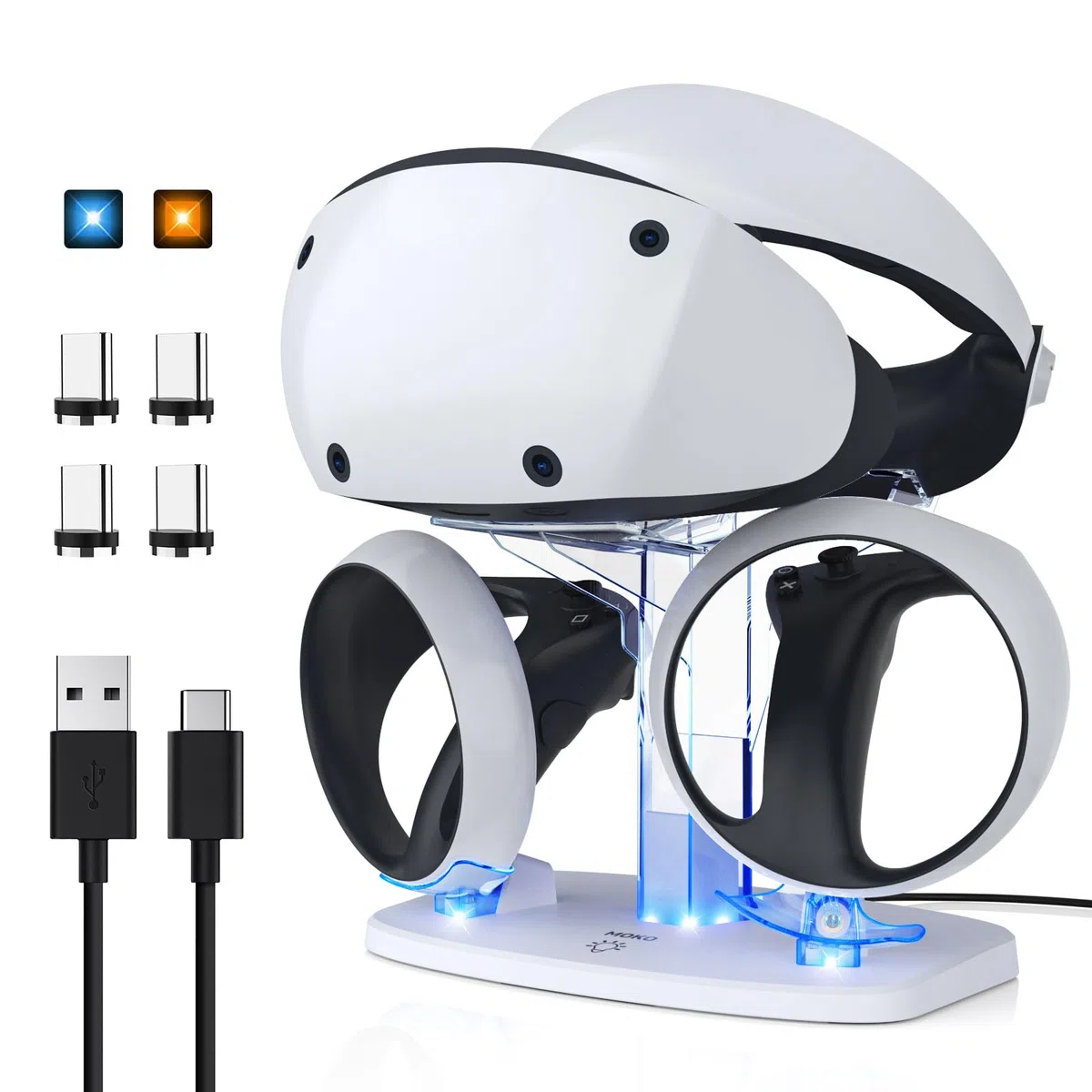 MoKo Stazione di Ricarica Compatibile con PlayStation VR2, con Supporto per Cuffie VR, Caricabatterie di Controller VR2, Protezione da Sovraccarico, Luce LED, Dock di Ricarica per PS VR2