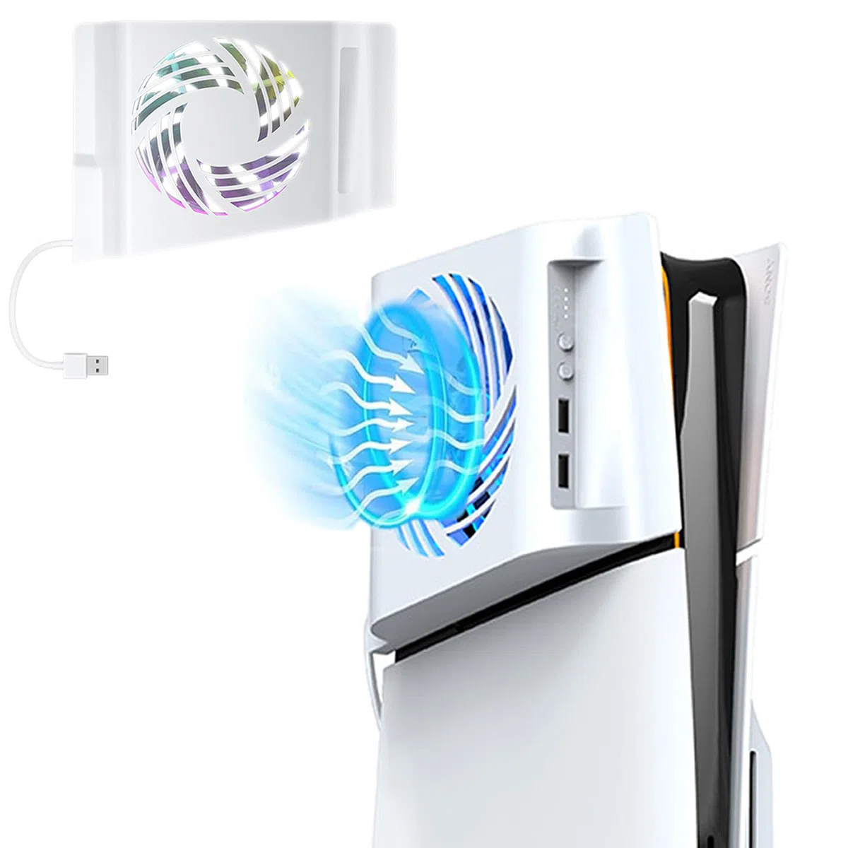 Ventola per PS5 Slim Ventola di Raffreddamento,per Accessori PS5 Slim,con Dissipazione del Calore Laterale/Rilevamento Automatico Della Temperatura/Luce RGB/3 Velocità Dell'aria/USB 2.0