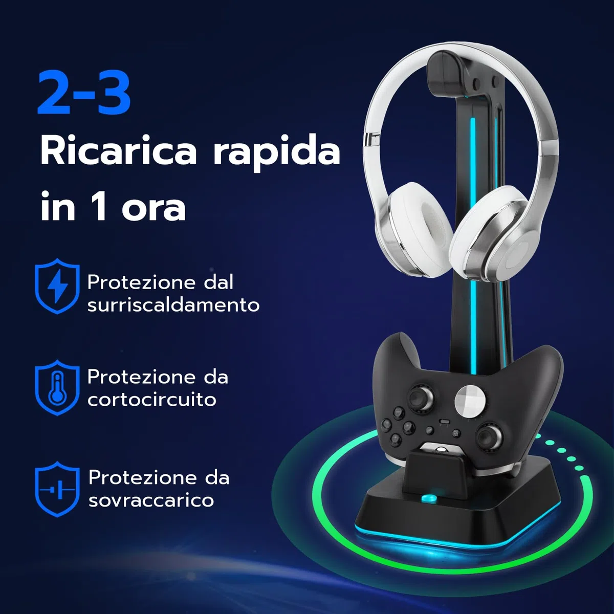 Wigearss Stazione di Ricarica, Caricatore per Xbox Series X/S, Xbox Elite 1/2, Xbox One, Xbox One X/S Controller DualSense con Supporto per Cuffie, Illuminazione RGB