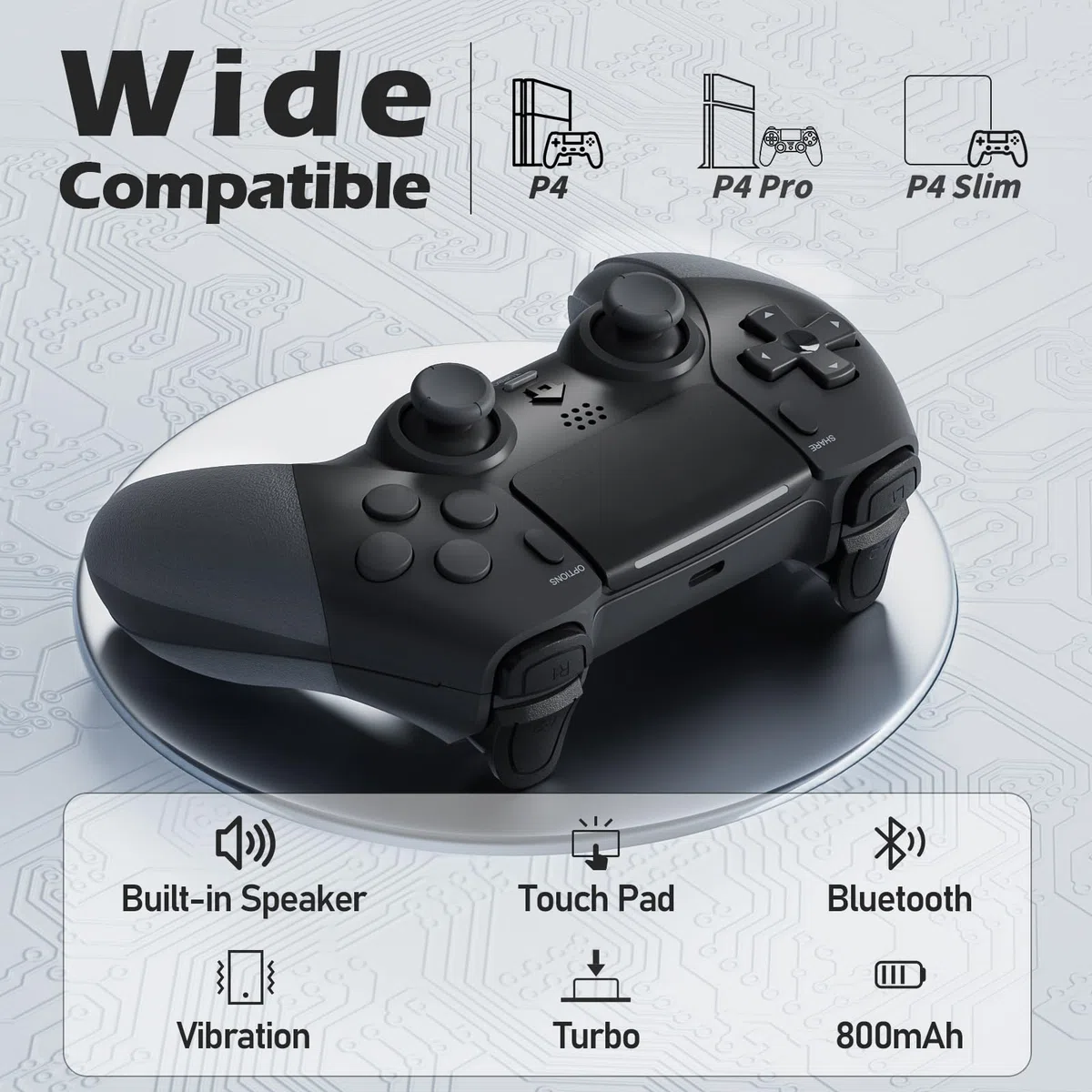CHEREEKI Controller per PS4, Controller Bluetooth con 2 Pulsanti Programmabili Gamepad Wireless con Doppia Vibrazione Sensore Giroscopico a 6 Assi Touch Pad Altoparlante Integrato, Nero