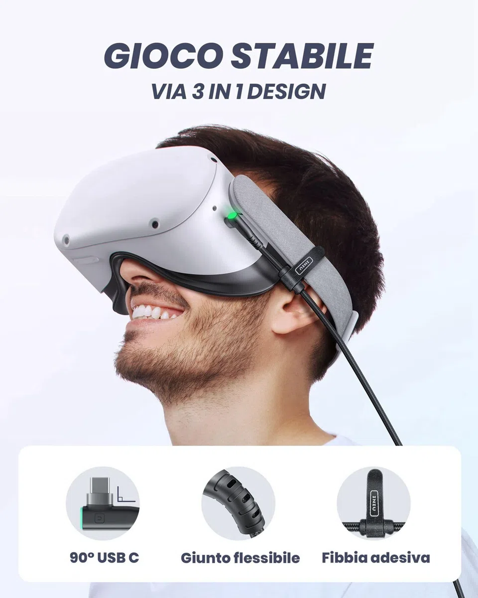 INIU Cavo Link 5m, Compatibile con Meta/Oculus Quest 3/2/Pro e Pico 4 Steam VR/PC di gioco, Trasferimento Dati ad Alta Velocità, USB A 3.0 a USB C Lnk Cable per VR Headset, Porta USBC separata