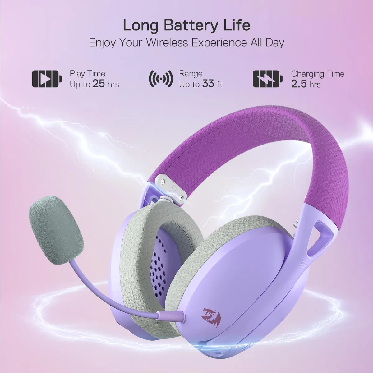 Redragon H848 Bluetooth Wireless Gaming Headset – Leggero – 7.1 Surround Sound – 40 mm driver – Microfono rimovibile – Piattaforme multiple per PC, PS5/4/3, Switch, Telefono cellulare viola
