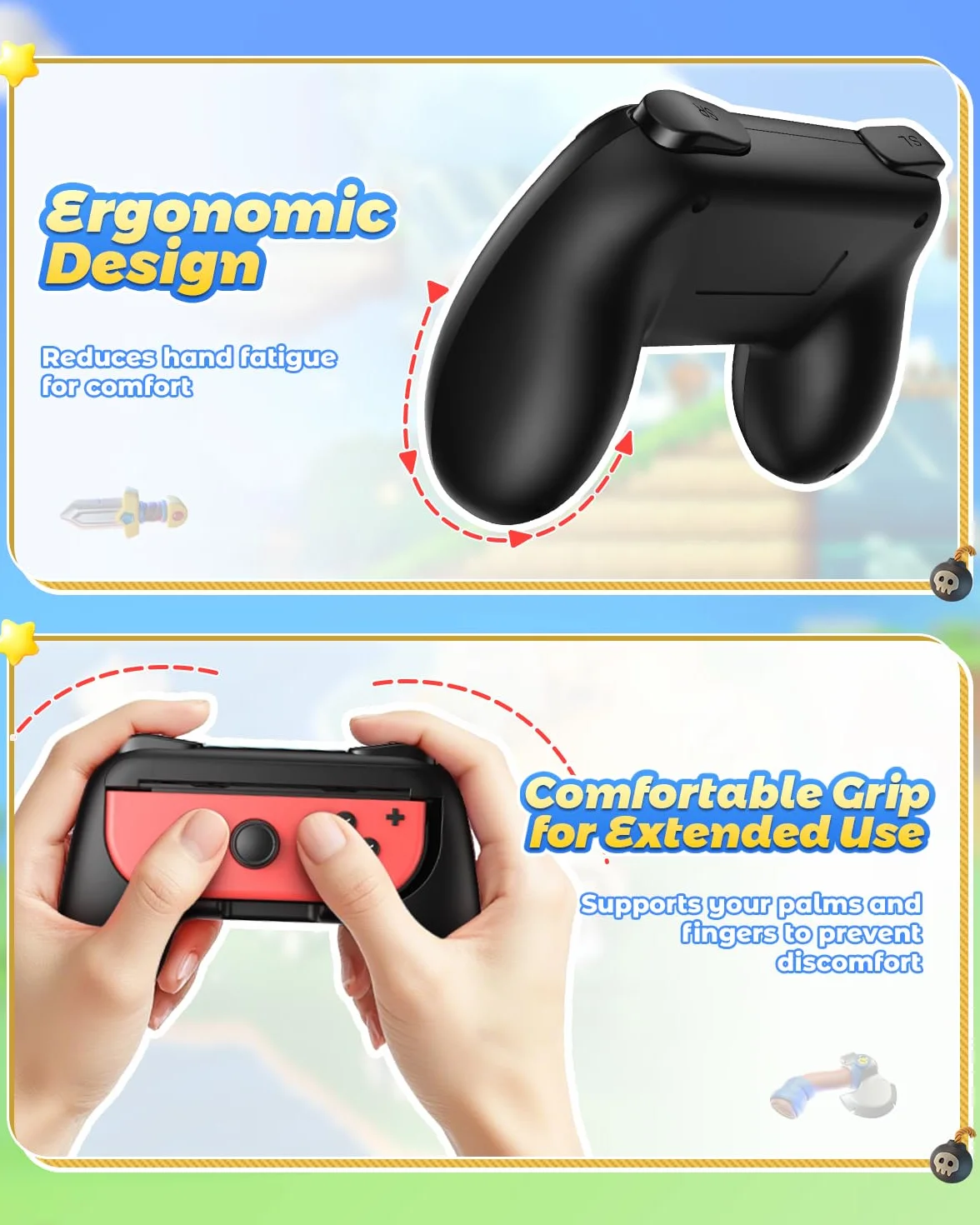 FYOUNG 2 Pack Impugnatura Compatibile con Joy Con, Comfort Manico Grip Titolare Accessori con Design Ergonomico e Maniglia Comodo Grip - Nero