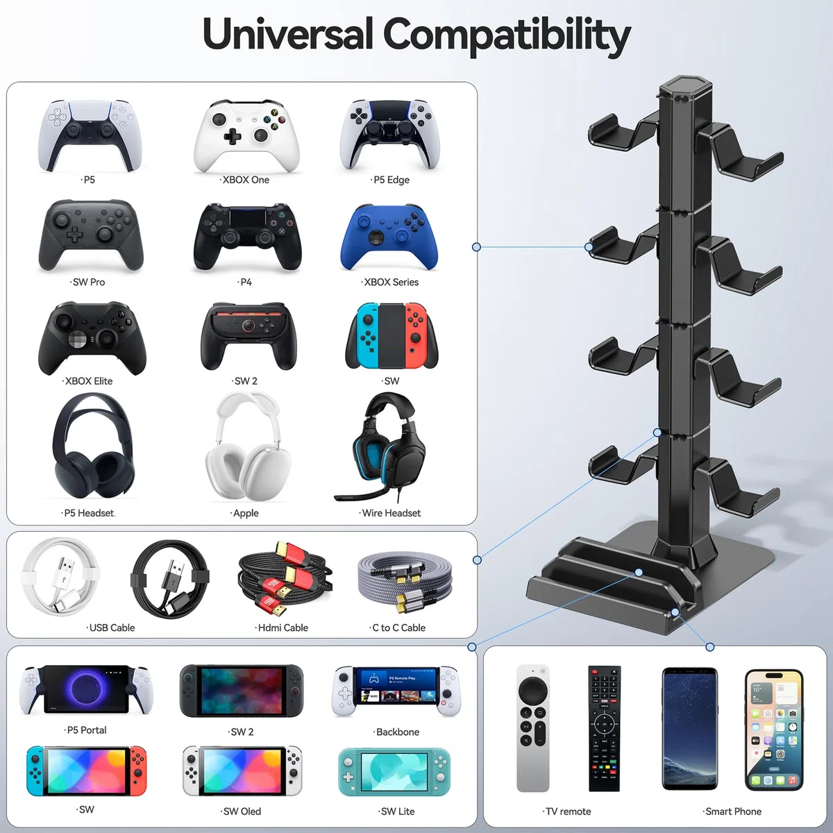 Supporto per Cuffie e Controller, 4 Gancio Rimovibile Porta Controller PS5 con Organizer per Cavi, Scatola Portaoggetti Accessori Gaming per PS5/Xbox/Switch, Porta Cuffie da Scrivania Accessori PS5
