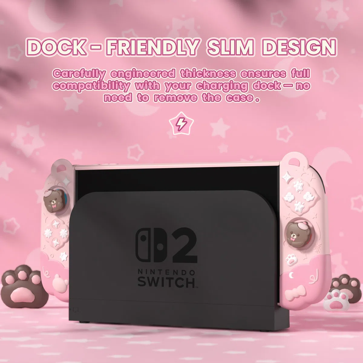 playvital Cover Dockable Rigida per Nintendo Switch 2 Console, Custodia Protettiva Silicone per Joycon 2&Supporto Regolabile Extra&Copri Analogici, Accessori Carini, Buonanotte Orso-Rosa