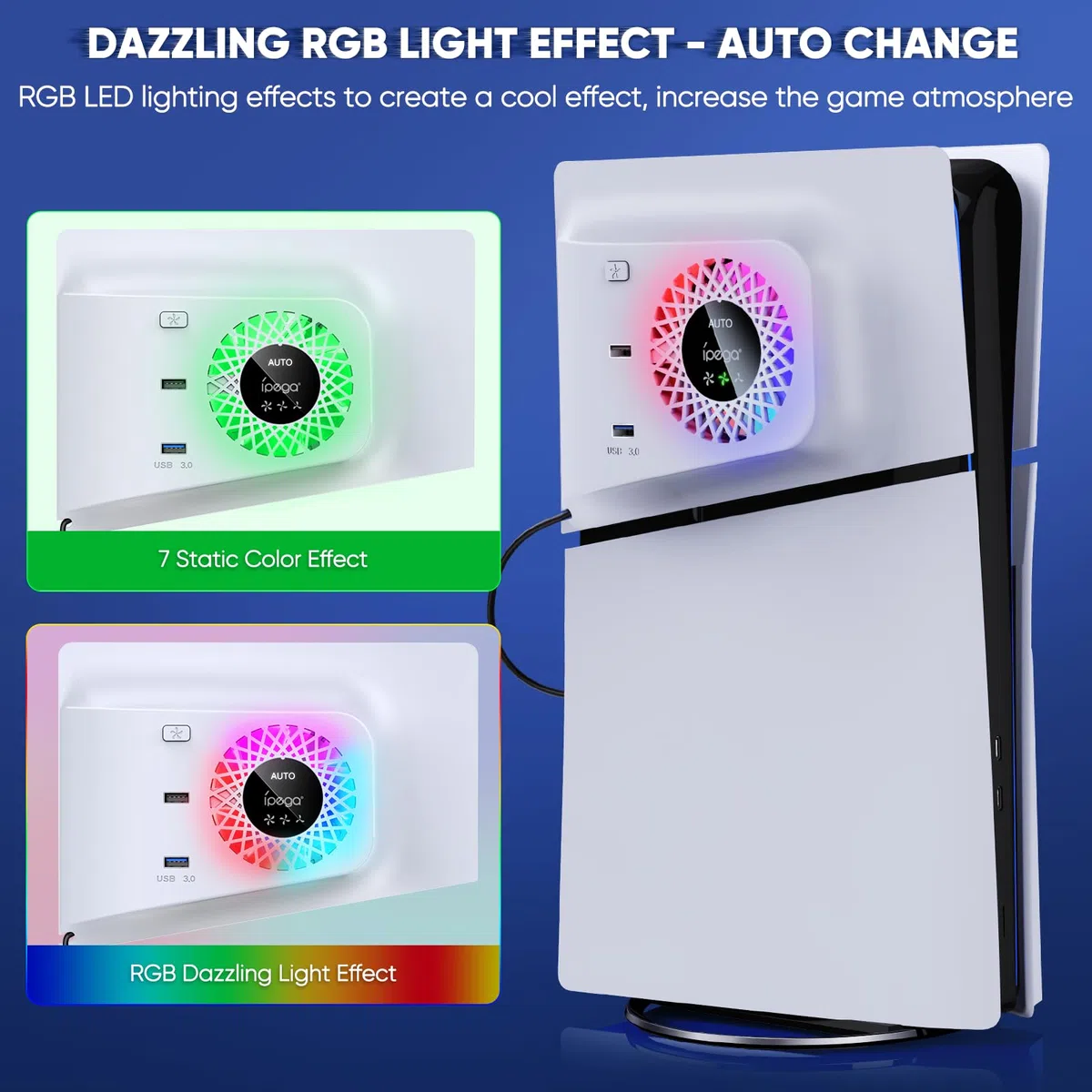FASTSNAIL Ventola di raffreddamento RGB con piastra di copertura per PS5 Slim, velocità automatica regolabile tramite sensori di temperatura, 3 velocità manuale e hub USB