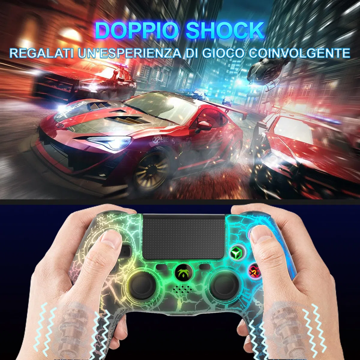 wireless Controller per PS4, Gamepad wireless con vibrazione doppia, con luce RGB, joystick PS4 per PS4/Slim/Pro/PC(B)