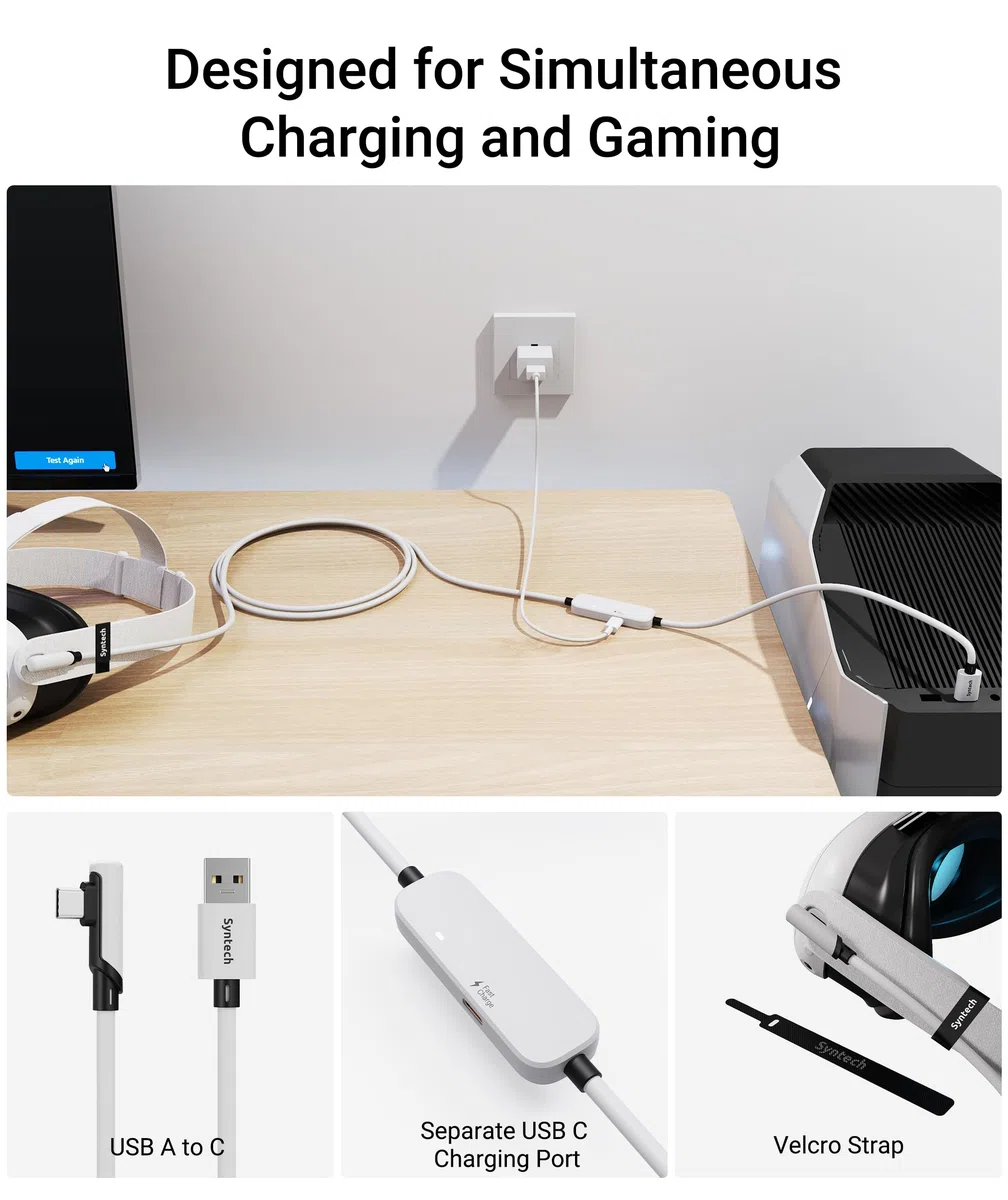 Syntech Cavo Link con funzione di ricarica, 6 m, compatibile con accessori Oculus/Meta Quest 3/3S, Quest2/Pro Link per PC/SteamVR con porta di ricarica estesa, cavo di ricarica USB 3.0 A a C VR