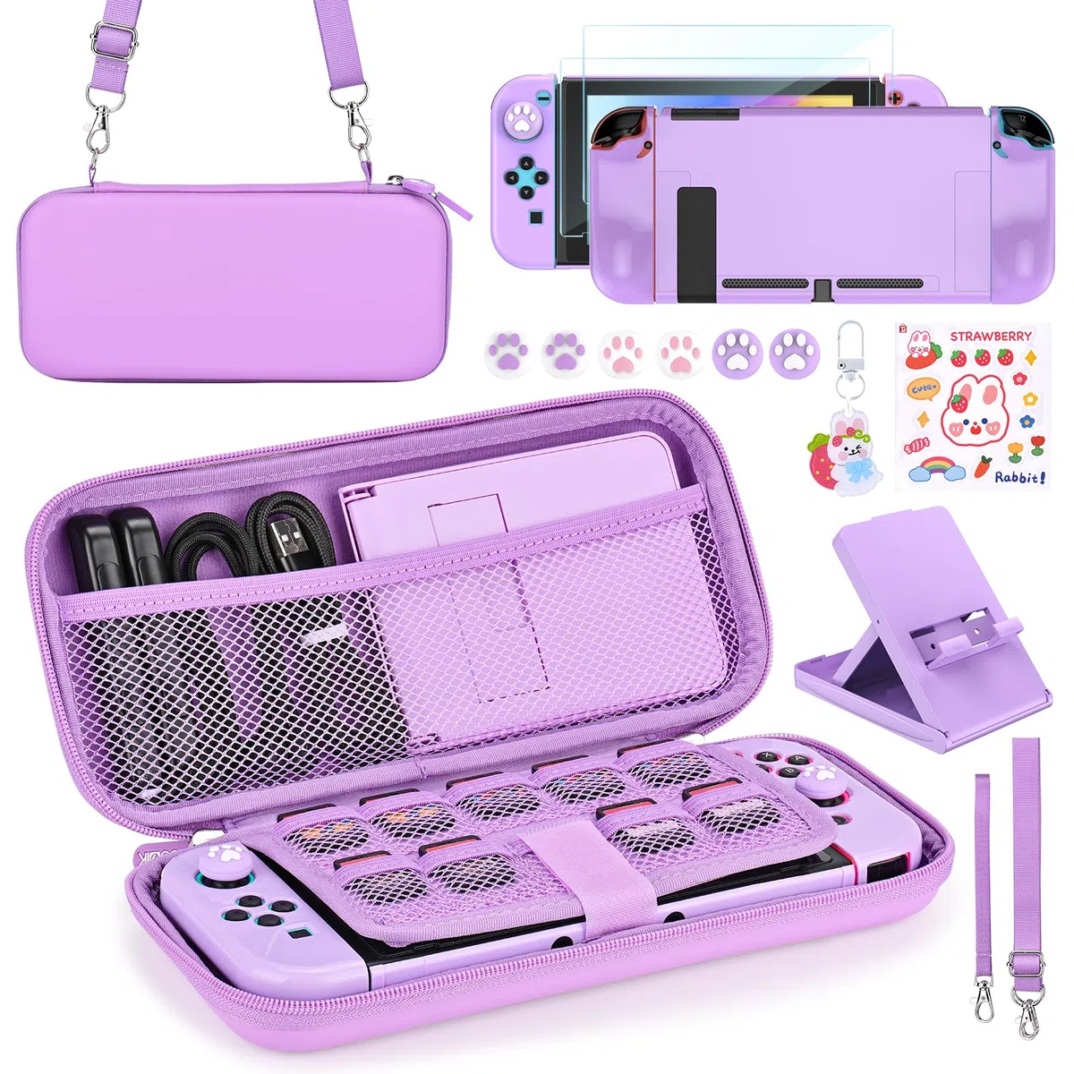 Younik Pacchetto Accessori Switch, kit Accessori 17 in 1 per Ragazze Include Custodia per Switch, Supporto Regolabile, Custodia Protettiva per Console Switch e J-Con (Viola)